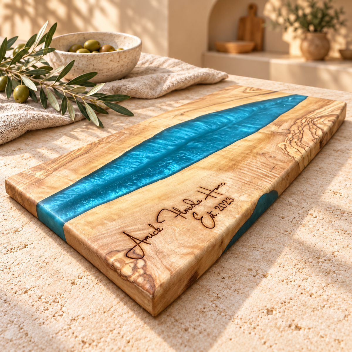 Personalized Azure River Olive Wood Serving Board - styled detail view 7398
