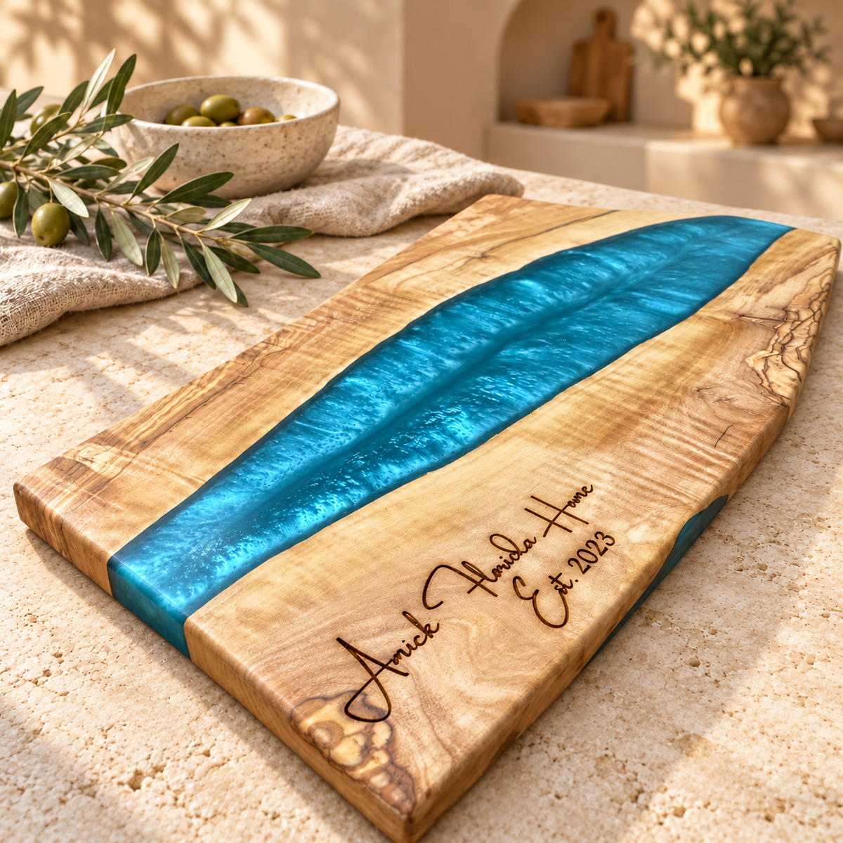 Personalized Azure River Olive Wood Serving Board - styled detail view 7399