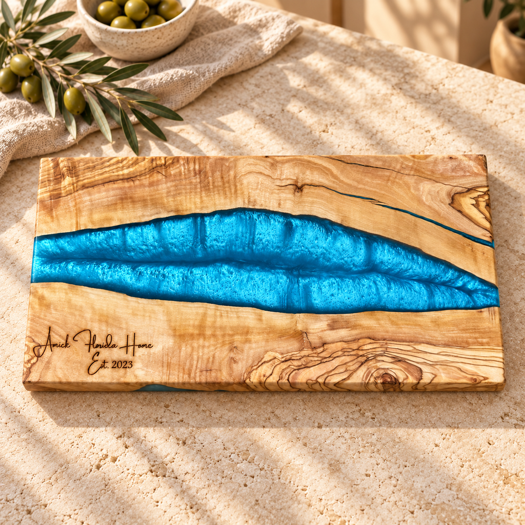 Personalized Azure River Olive Wood Serving Board - styled detail view 7401