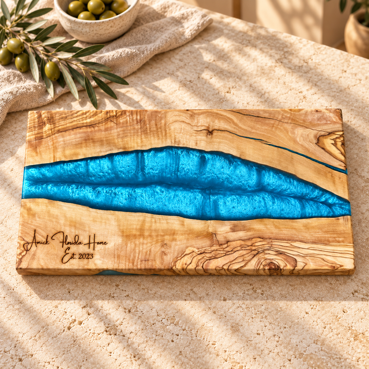 Personalized Azure River Olive Wood Serving Board - styled detail view 7401