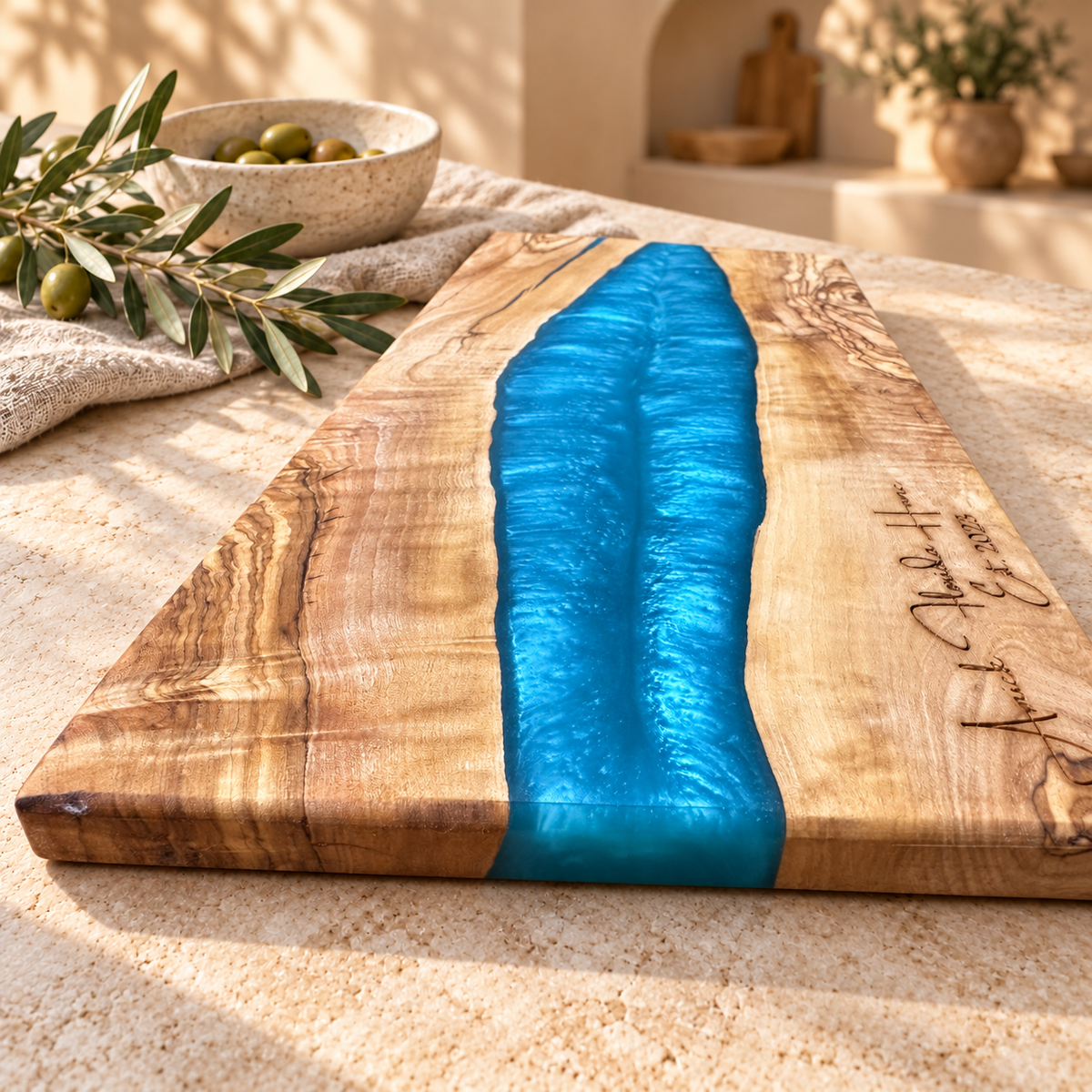 Personalized Azure River Olive Wood Serving Board - styled detail view 7402