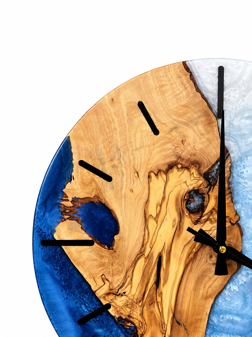 Azure Split Olive Wood & Resin Wall Clock — handcrafted clock, product view 5