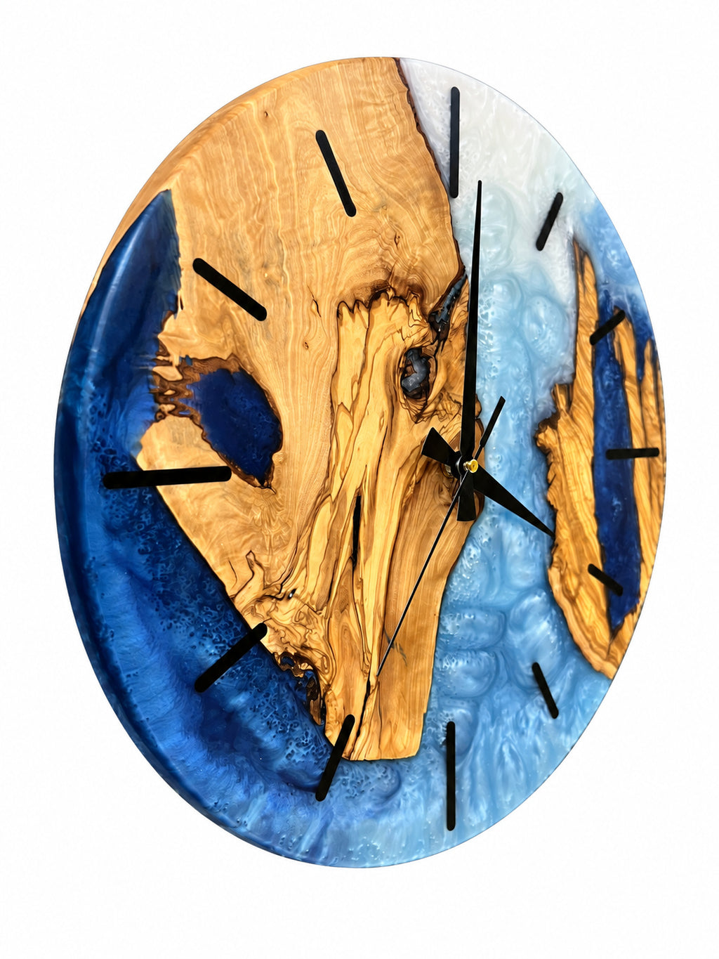 Azure Split Olive Wood & Resin Wall Clock — handcrafted clock, product view 1