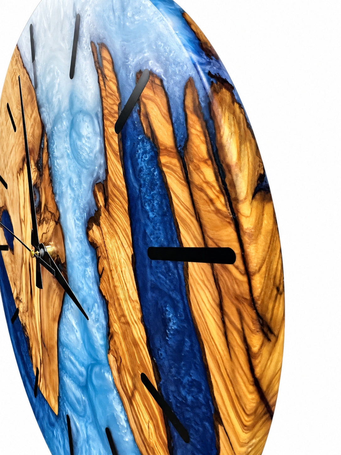 Azure Split Olive Wood & Resin Wall Clock — handcrafted clock, product view 9