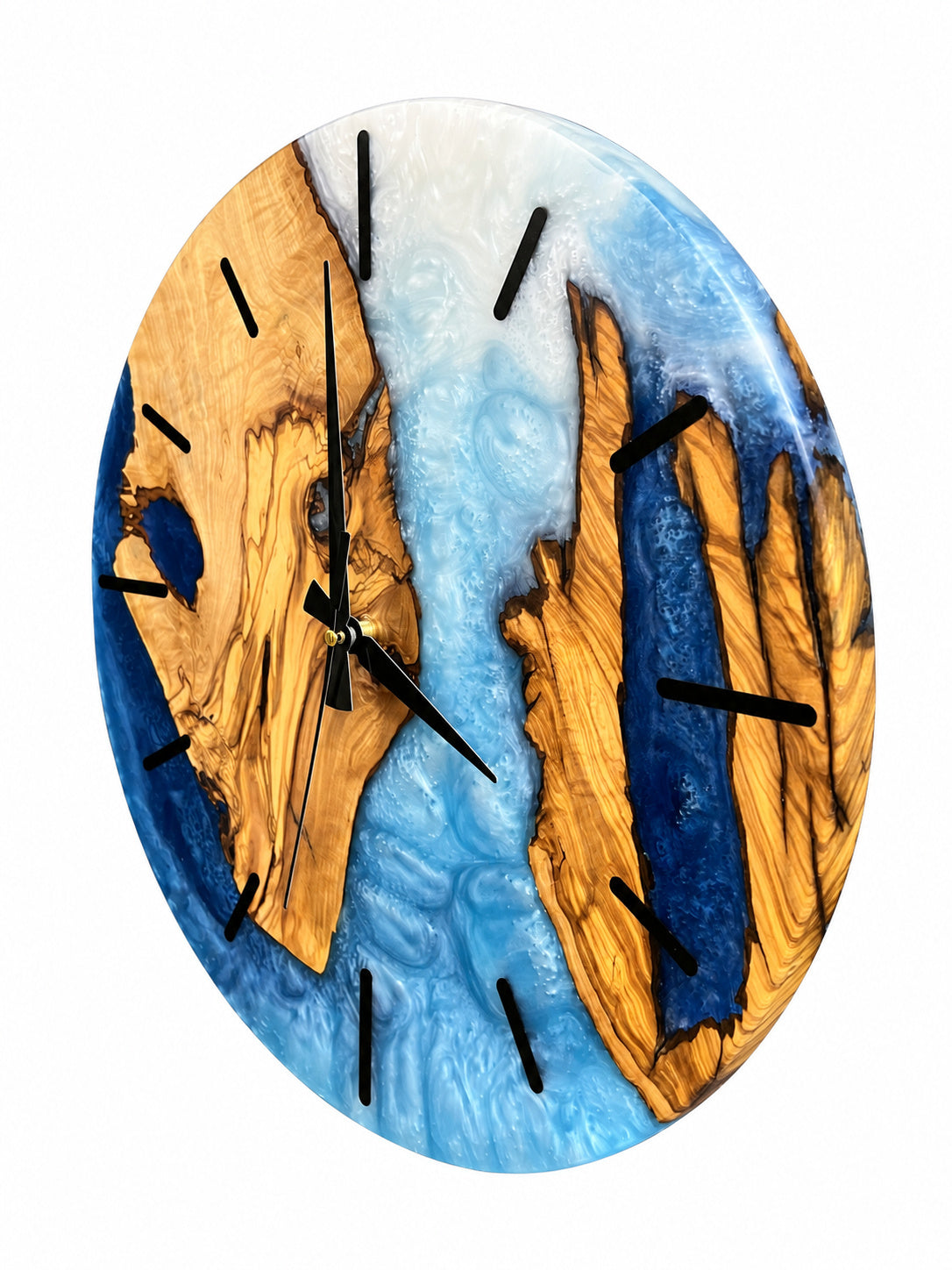 Azure Split Olive Wood & Resin Wall Clock — handcrafted clock, product view 3
