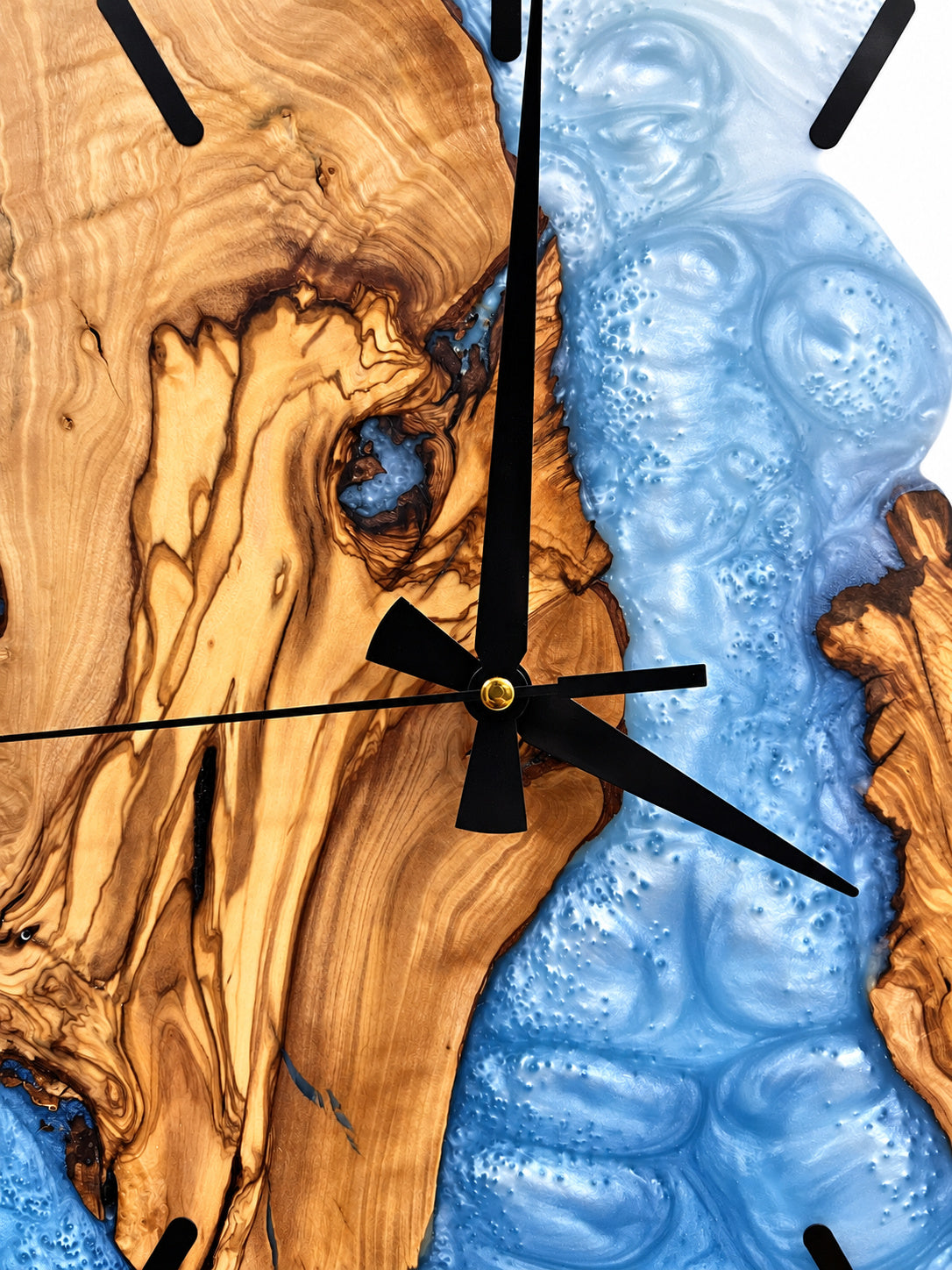 Azure Split Olive Wood & Resin Wall Clock — handcrafted clock, product view 7