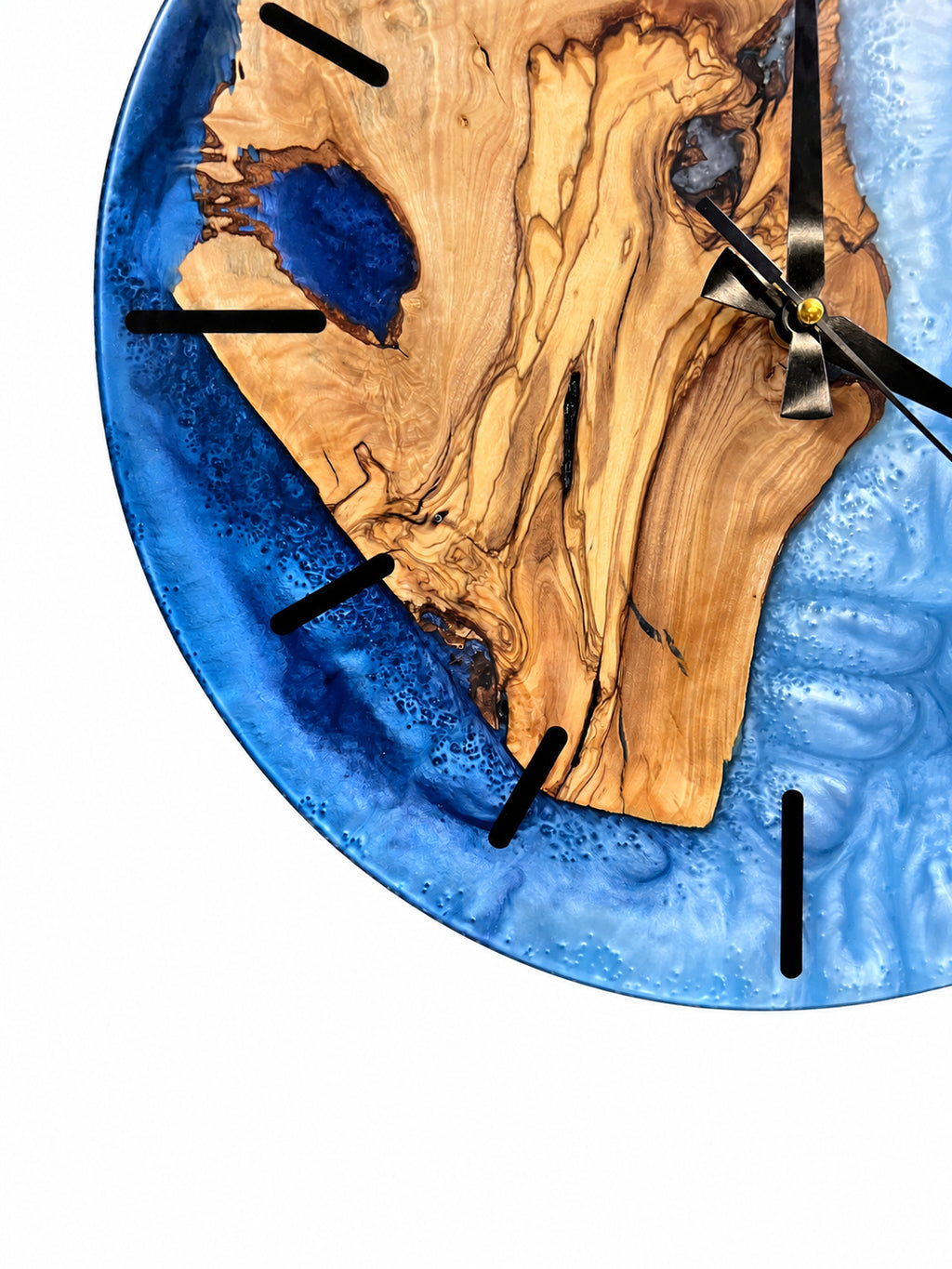 Azure Split Olive Wood & Resin Wall Clock — handcrafted clock, product view 7