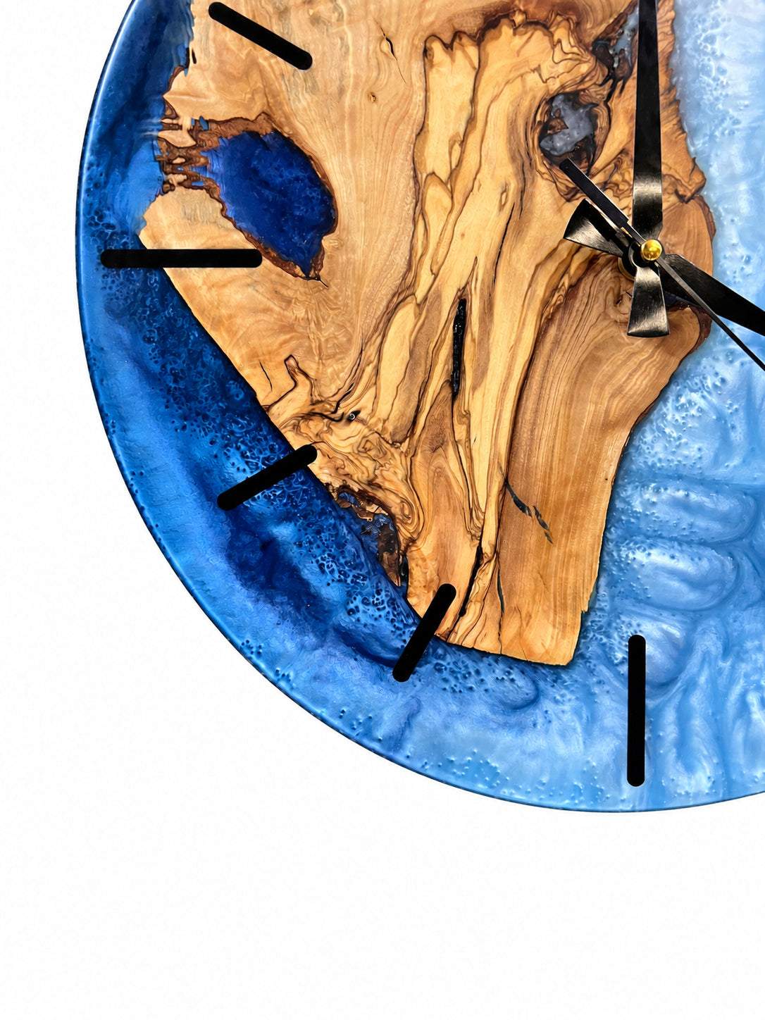 Azure Split Olive Wood & Resin Wall Clock — handcrafted clock, product view 7