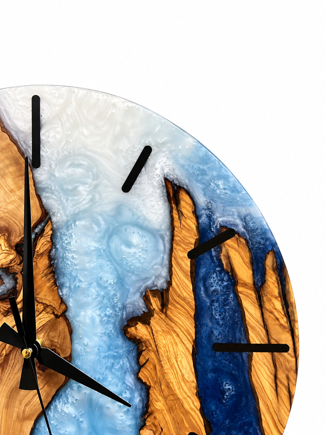Azure Split Olive Wood & Resin Wall Clock — handcrafted clock, product view 3