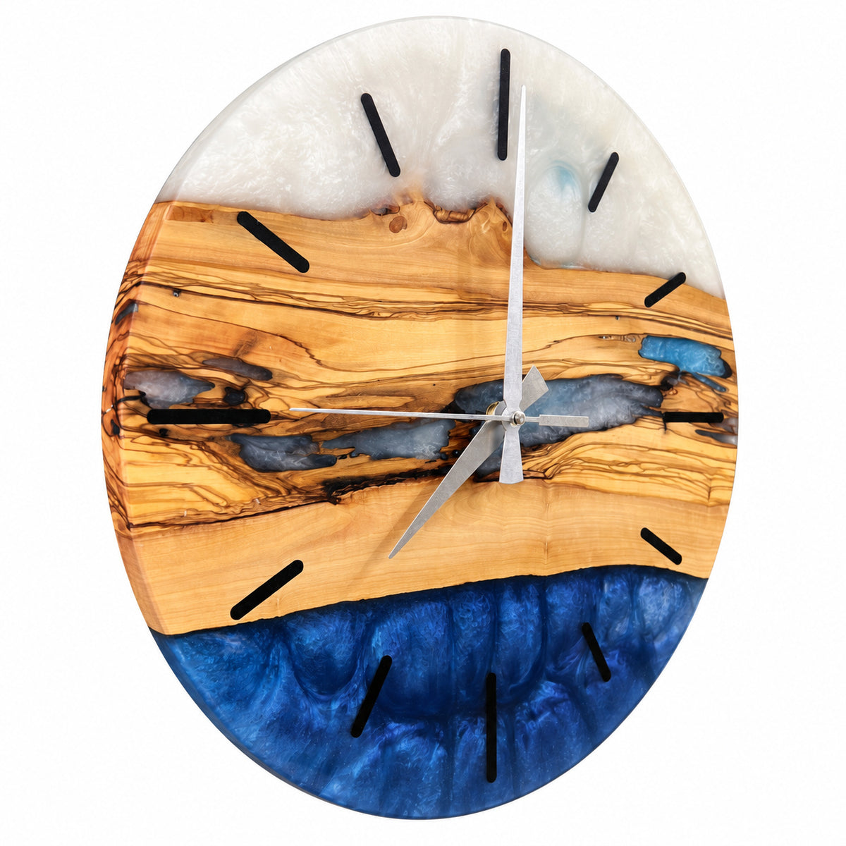 Silver Inlet Olive Wood & Resin Wall Clock — product photograph, view 2