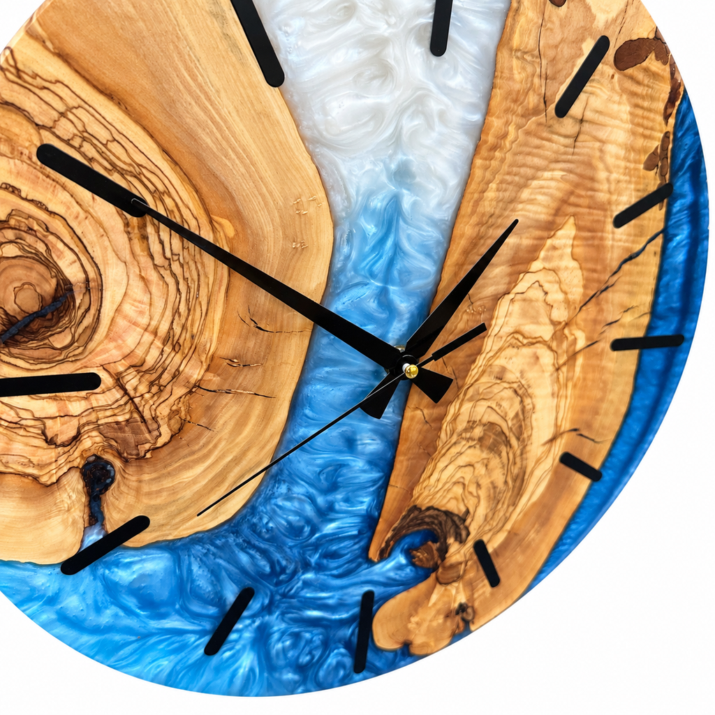 Coastal Inlet Olive Wood & Resin Wall Clock — product photograph, view 9