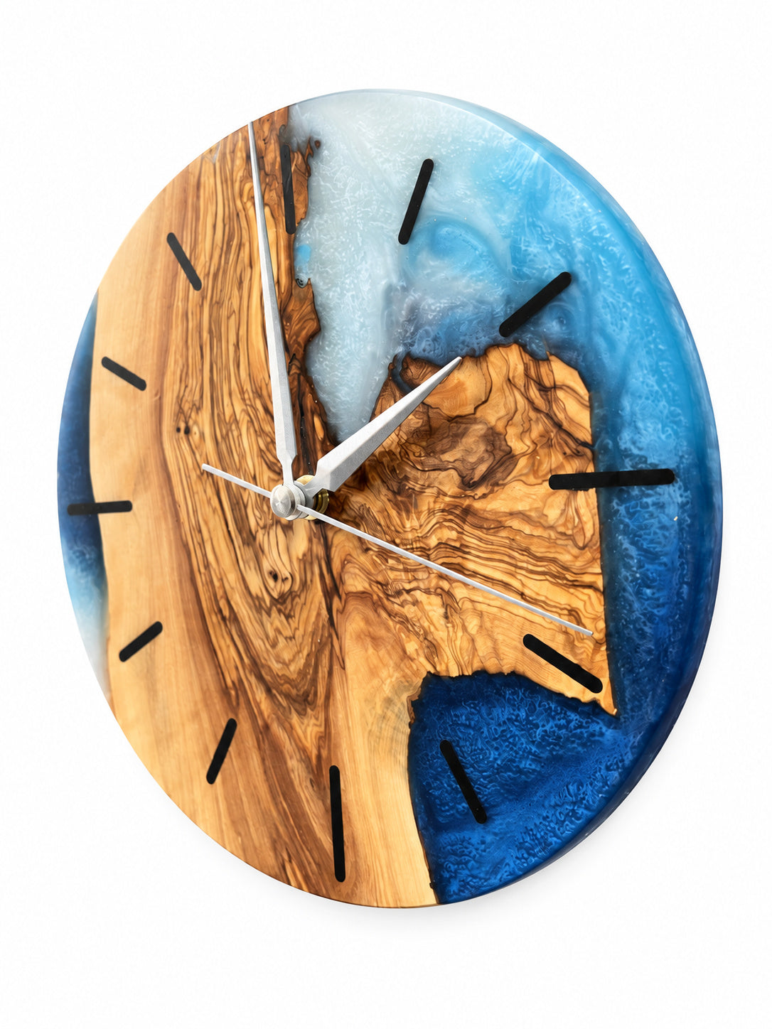 Azure Cape Olive Wood & Resin Wall Clock — handcrafted clock, product view 1