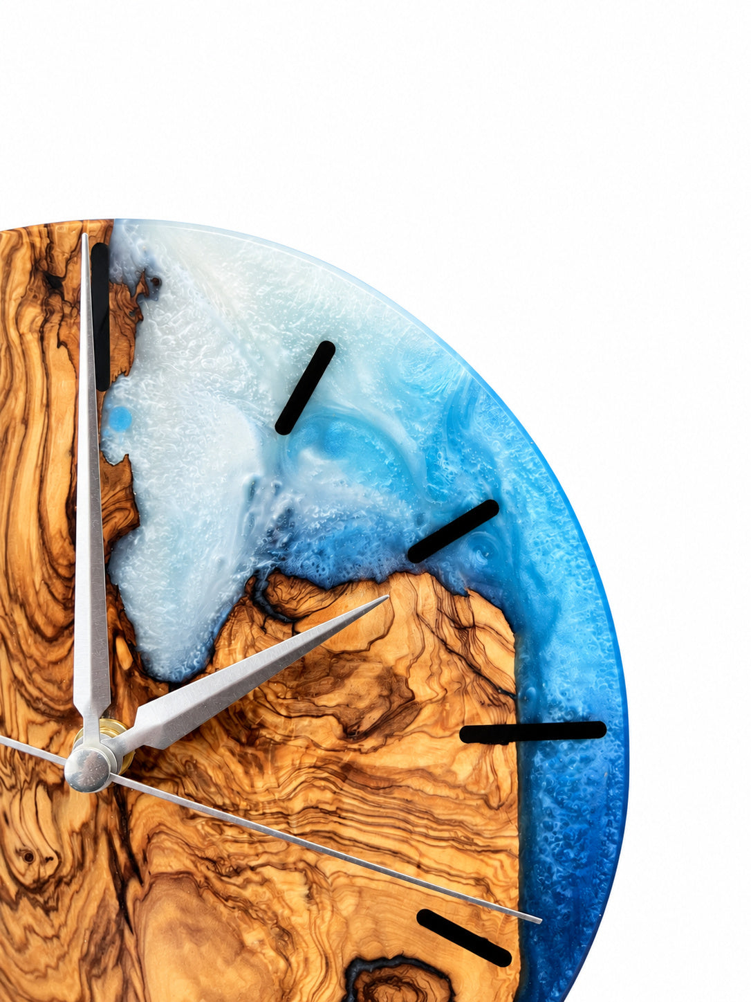 Azure Cape Olive Wood & Resin Wall Clock — handcrafted clock, product view 3