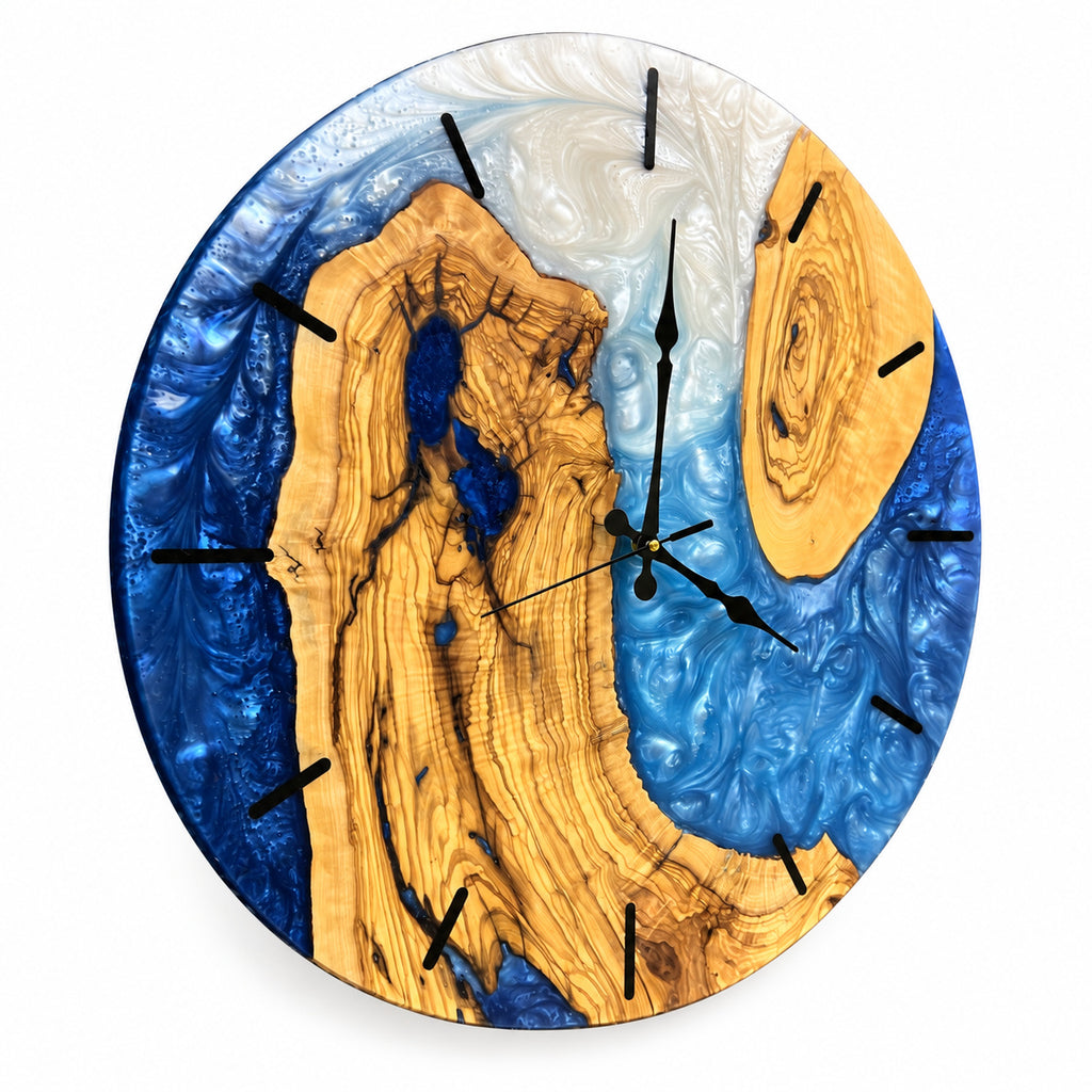 Blue Atoll Olive Wood & Resin Wall Clock — product photograph, view 3