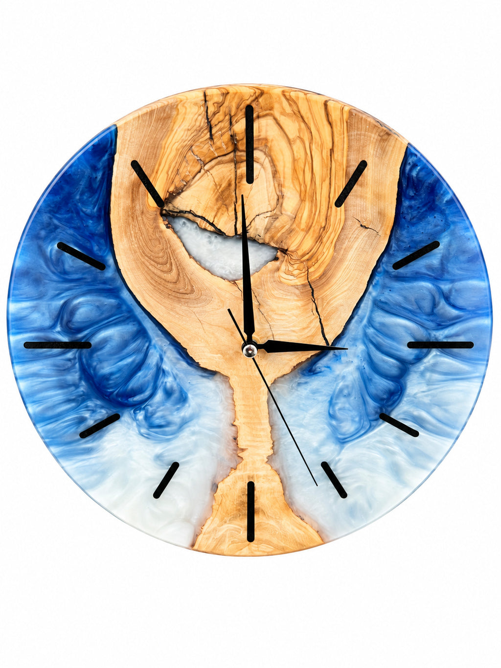 Blue Hourglass Olive Wood & Resin Wall Clock — product photograph, view 7