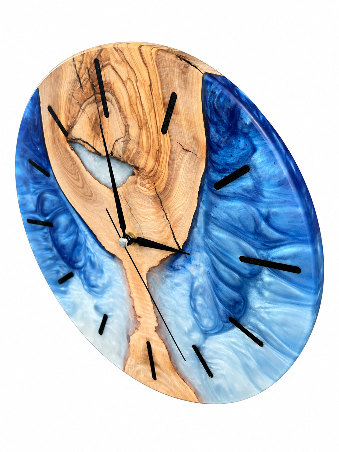 Blue Hourglass Olive Wood & Resin Wall Clock — product photograph, view 9