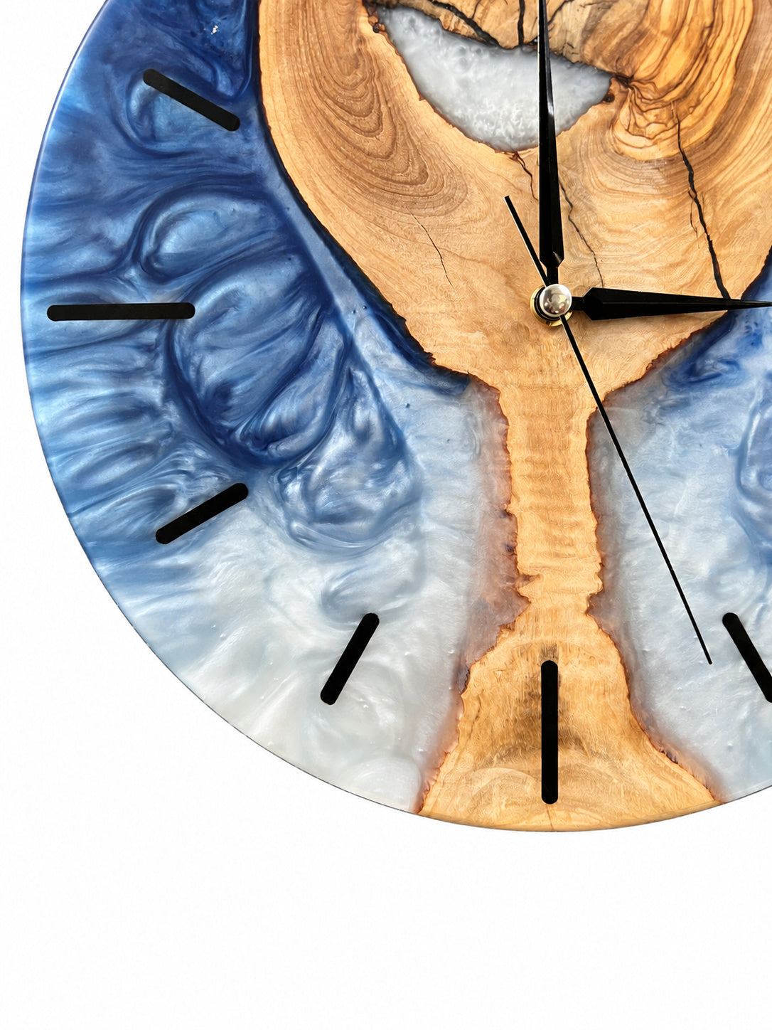 Blue Hourglass Olive Wood & Resin Wall Clock — product photograph, view 10