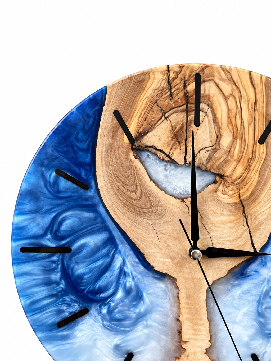 Blue Hourglass Olive Wood & Resin Wall Clock — product photograph, view 6