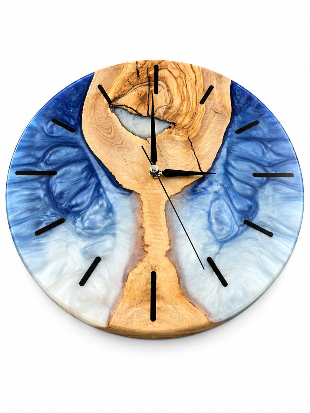 Blue Hourglass Olive Wood & Resin Wall Clock — product photograph, view 3
