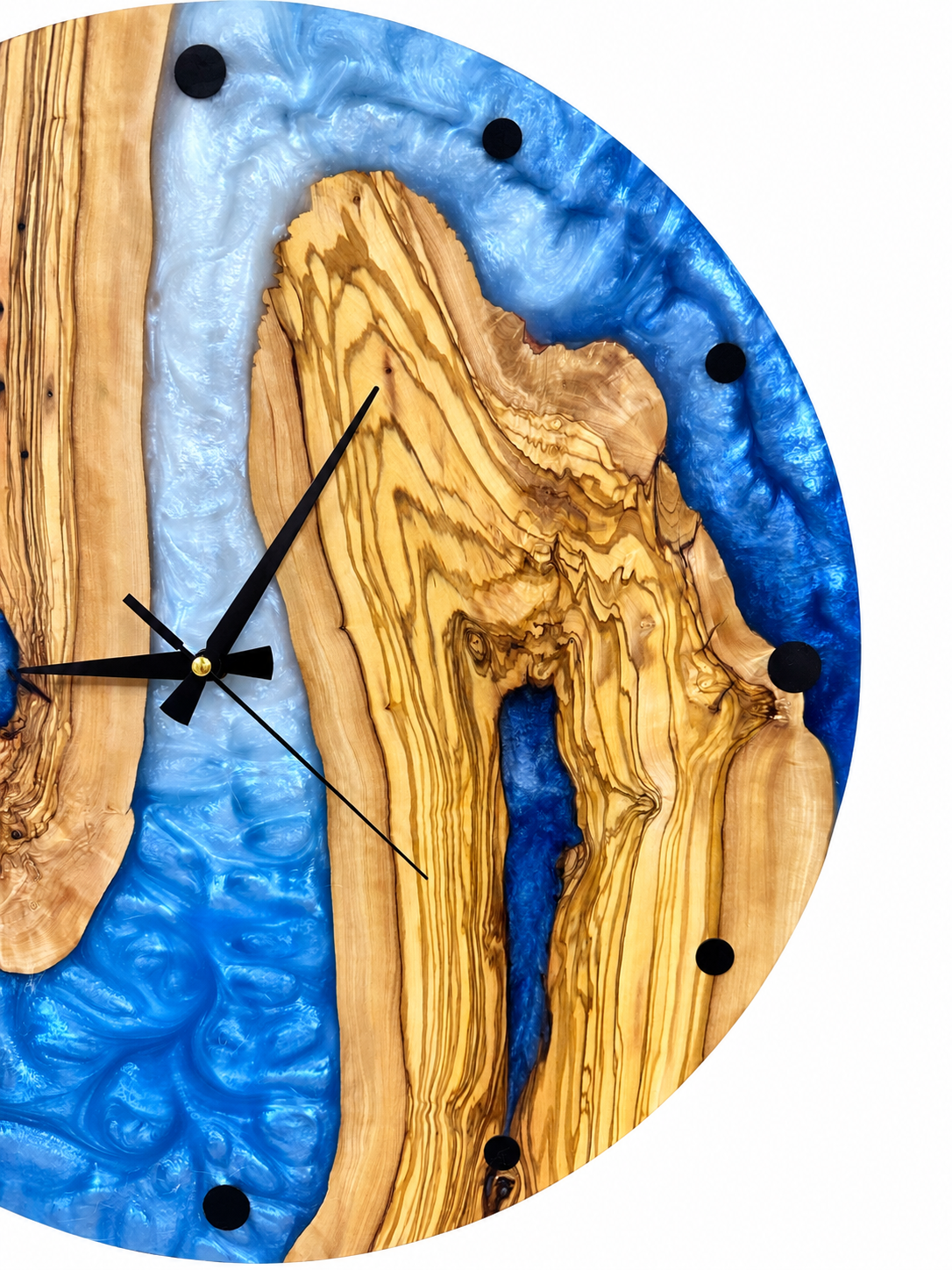 Azure Horseshoe Olive Wood & Resin Wall Clock — product photo on white, IMG_6247.JPG