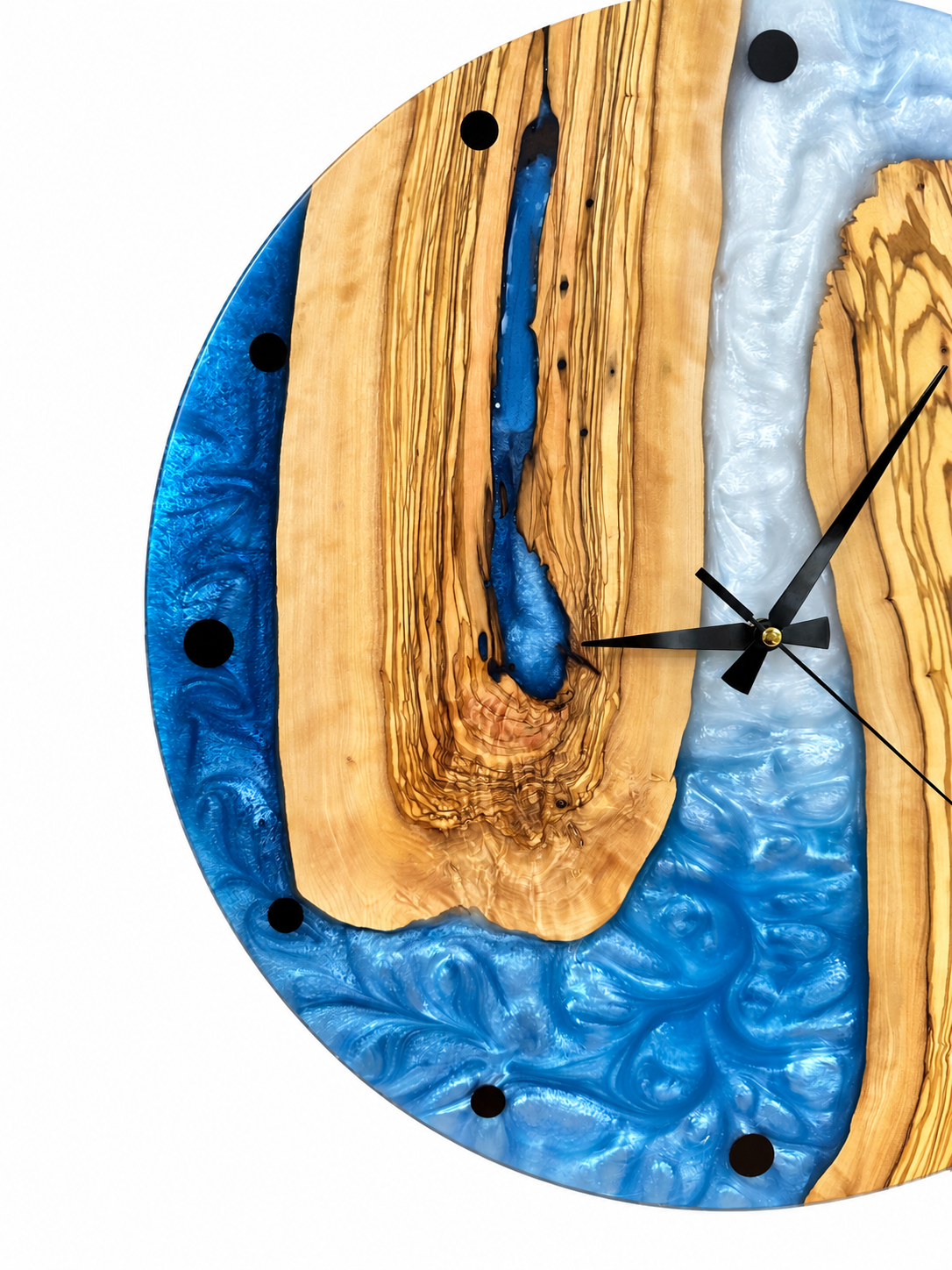 Azure Horseshoe Olive Wood & Resin Wall Clock — product photo on white, IMG_6246.JPG