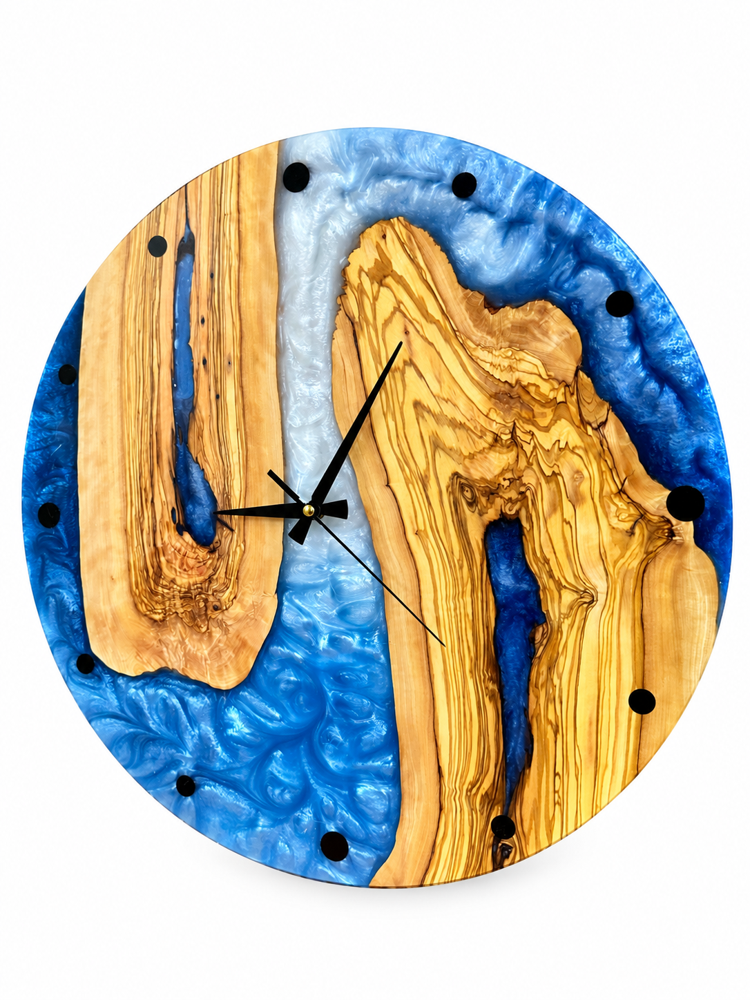 Azure Horseshoe Olive Wood & Resin Wall Clock — product photo on white, IMG_6250.JPG