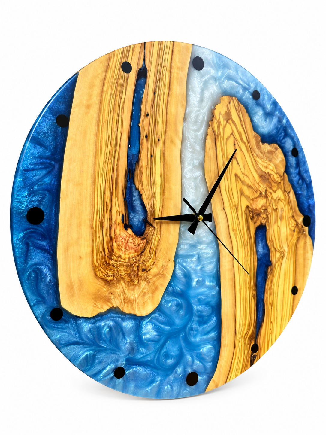 Azure Horseshoe Olive Wood & Resin Wall Clock — product photo on white, IMG_6251.JPG