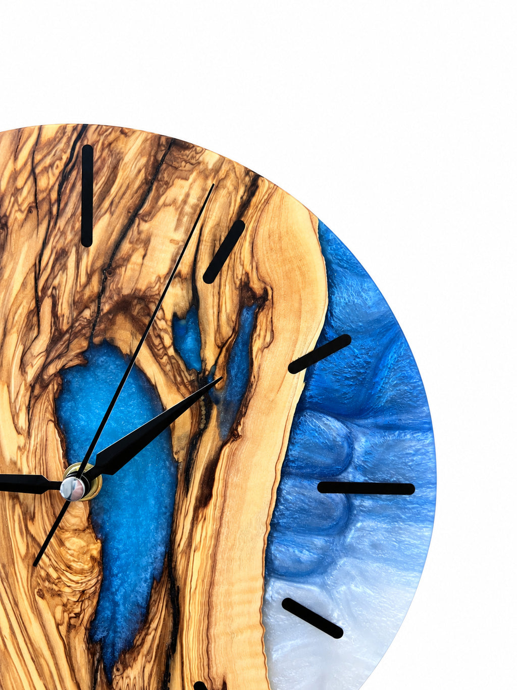 Blue Hollow Olive Wood & Resin Wall Clock — product photograph, view 4