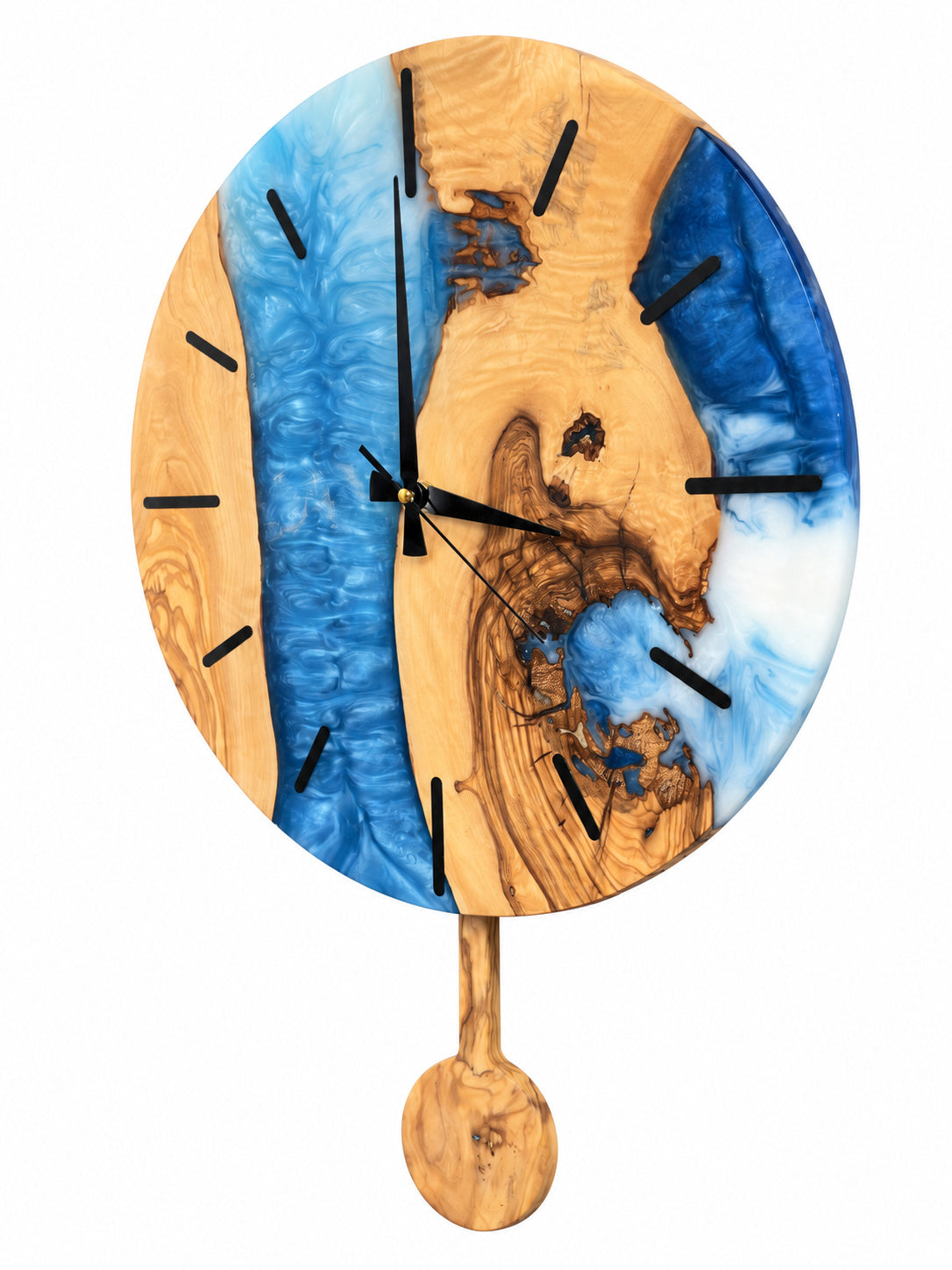 Blue Pendulum Olive Wood & Resin Wall Clock — product photograph, view 4