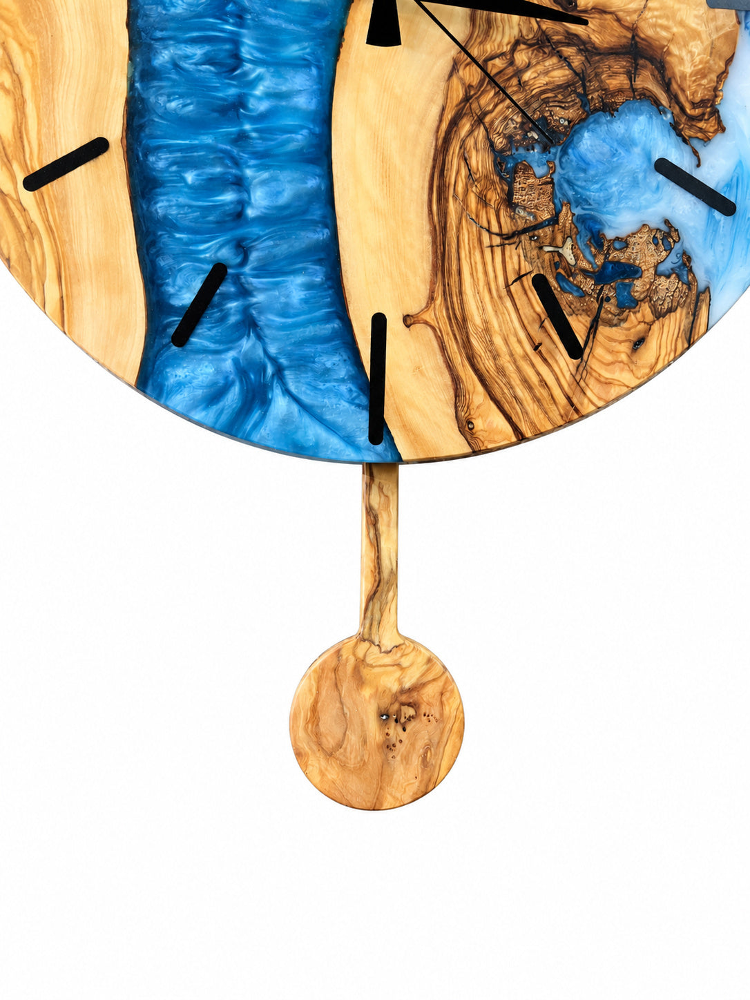 Blue Pendulum Olive Wood & Resin Wall Clock — product photograph, view 5