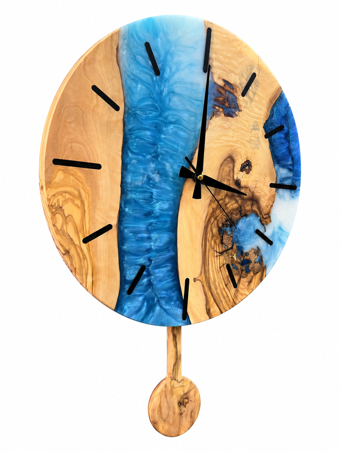 Blue Pendulum Olive Wood & Resin Wall Clock — product photograph, view 3