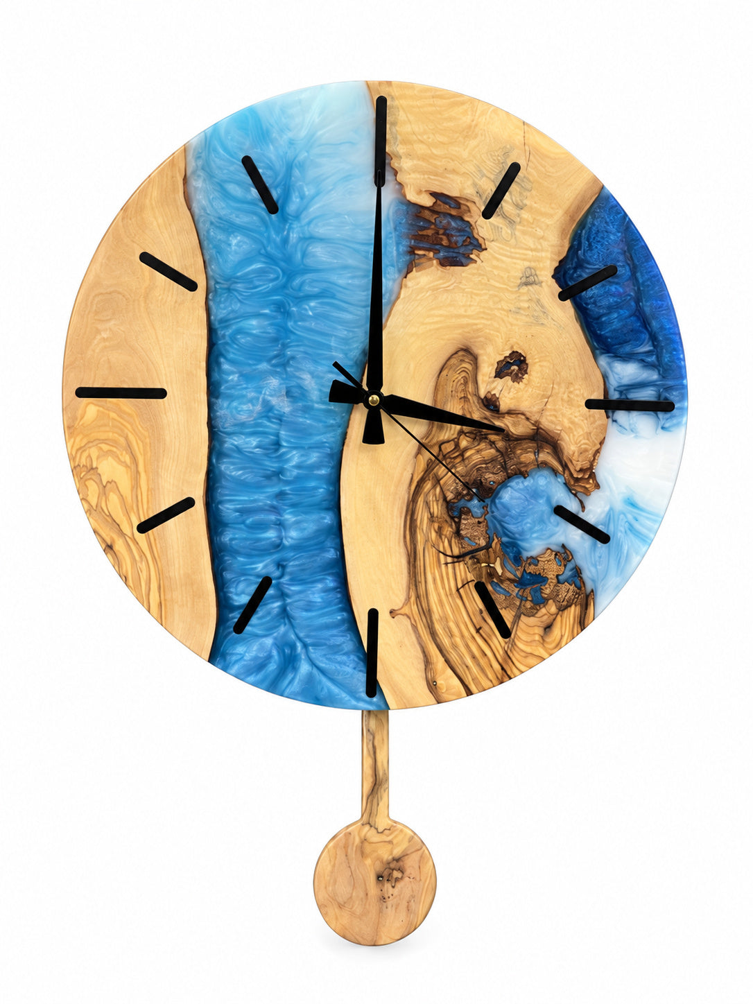 Blue Pendulum Olive Wood & Resin Wall Clock — product photograph, view 2