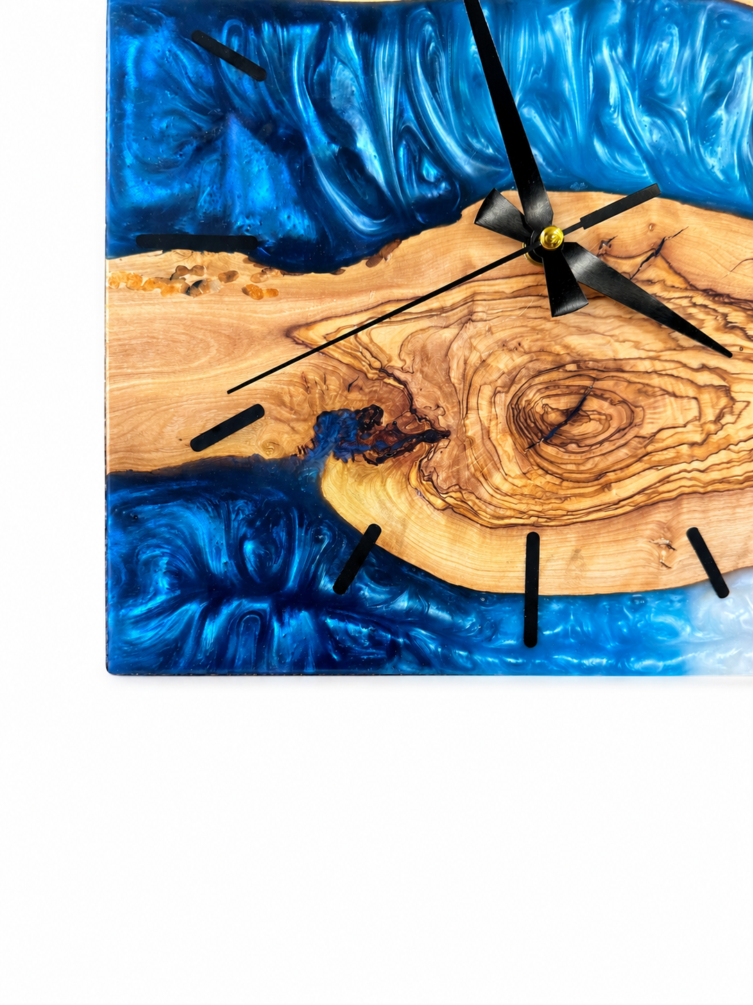 Square Blue River Olive Wood & Resin Wall Clock — product photograph, view 6