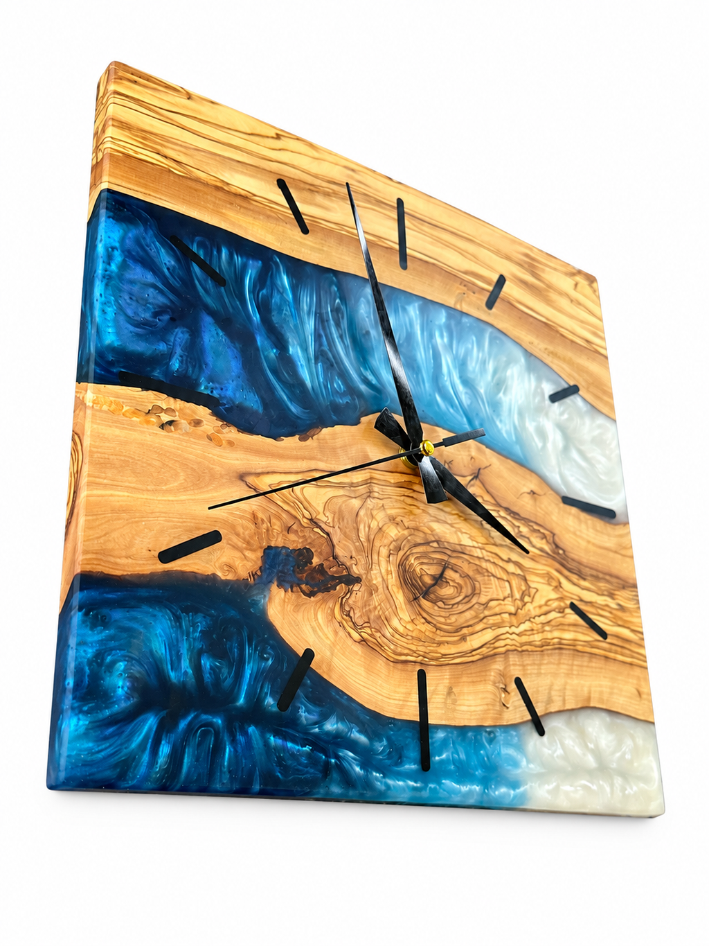 Square Blue River Olive Wood & Resin Wall Clock — product photograph, view 4