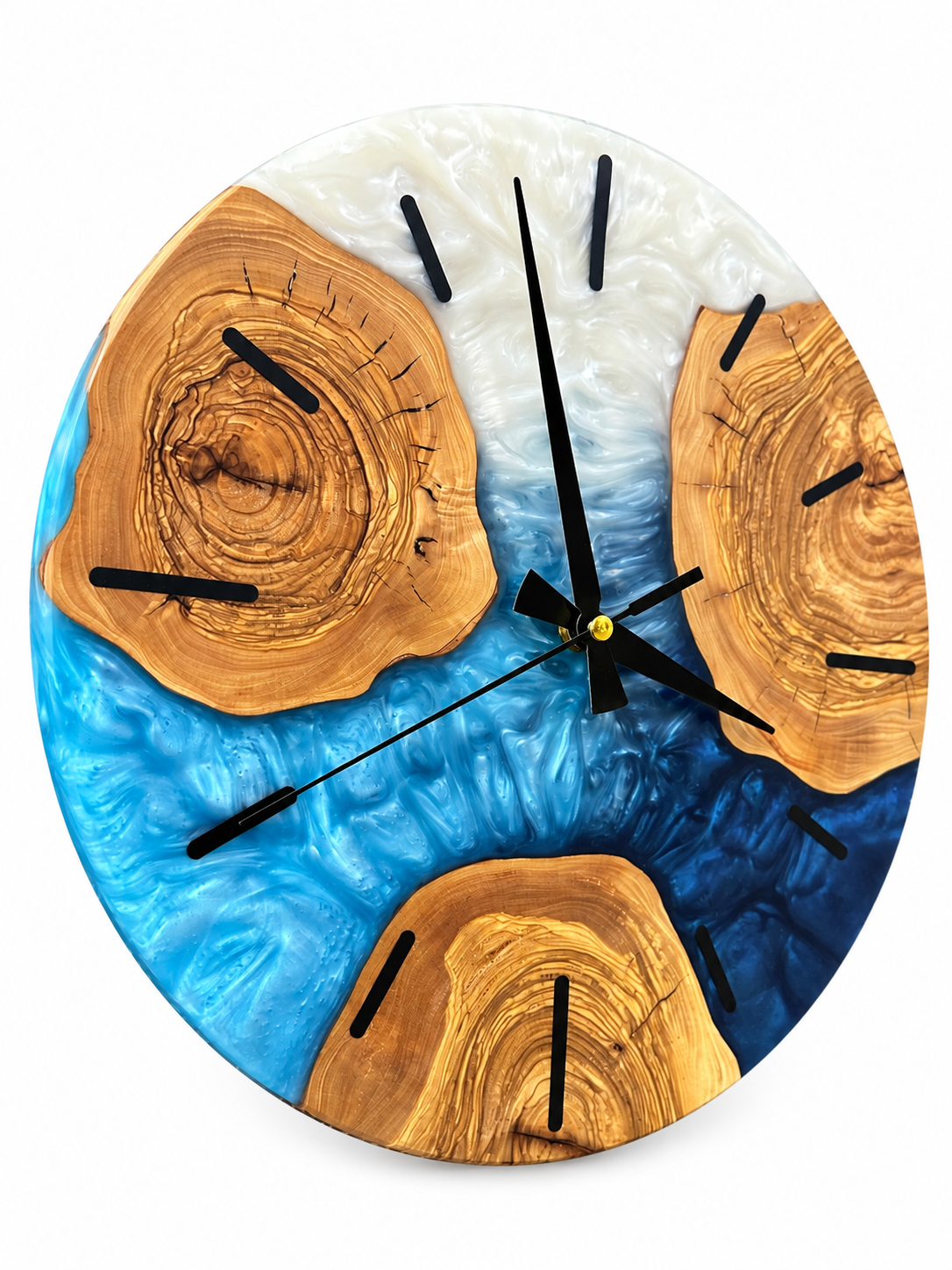 Blue Wood Circles Olive Wood & Resin Wall Clock — product photograph, view 3