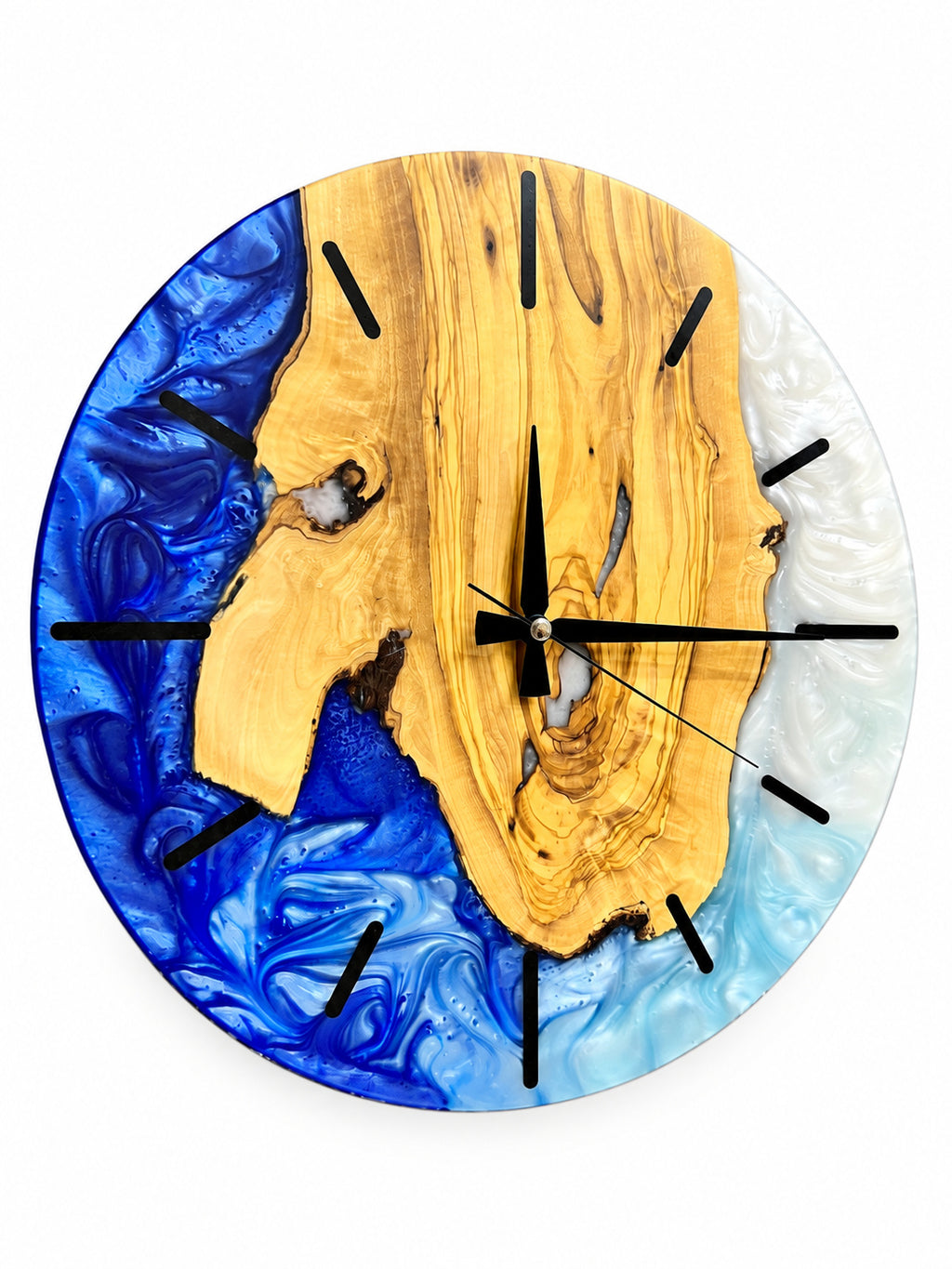 Cobalt Heart Olive Wood & Resin Wall Clock — product photograph, view 3