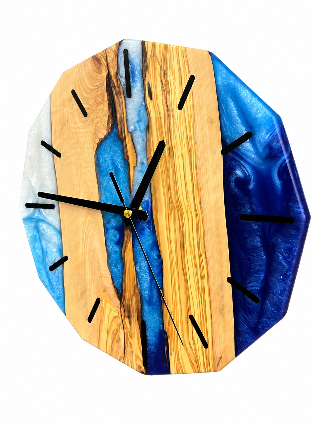 Azure Divide Olive Wood & Resin Wall Clock — handcrafted clock, product view 1