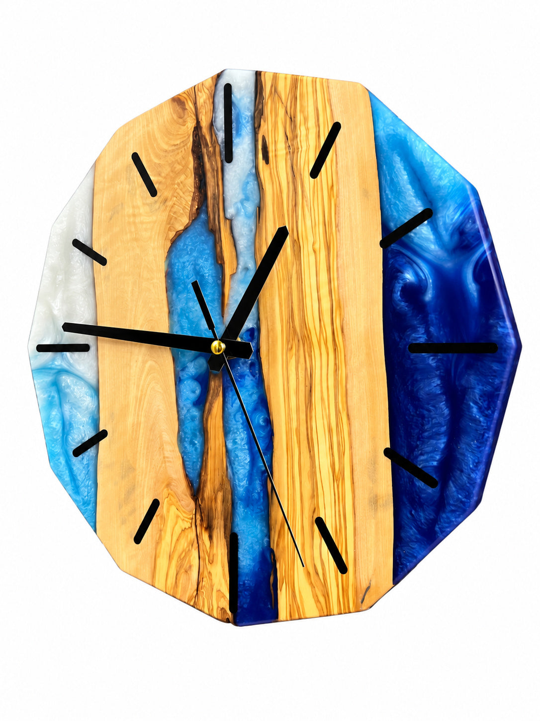 Azure Divide Olive Wood & Resin Wall Clock — handcrafted clock, product view 1