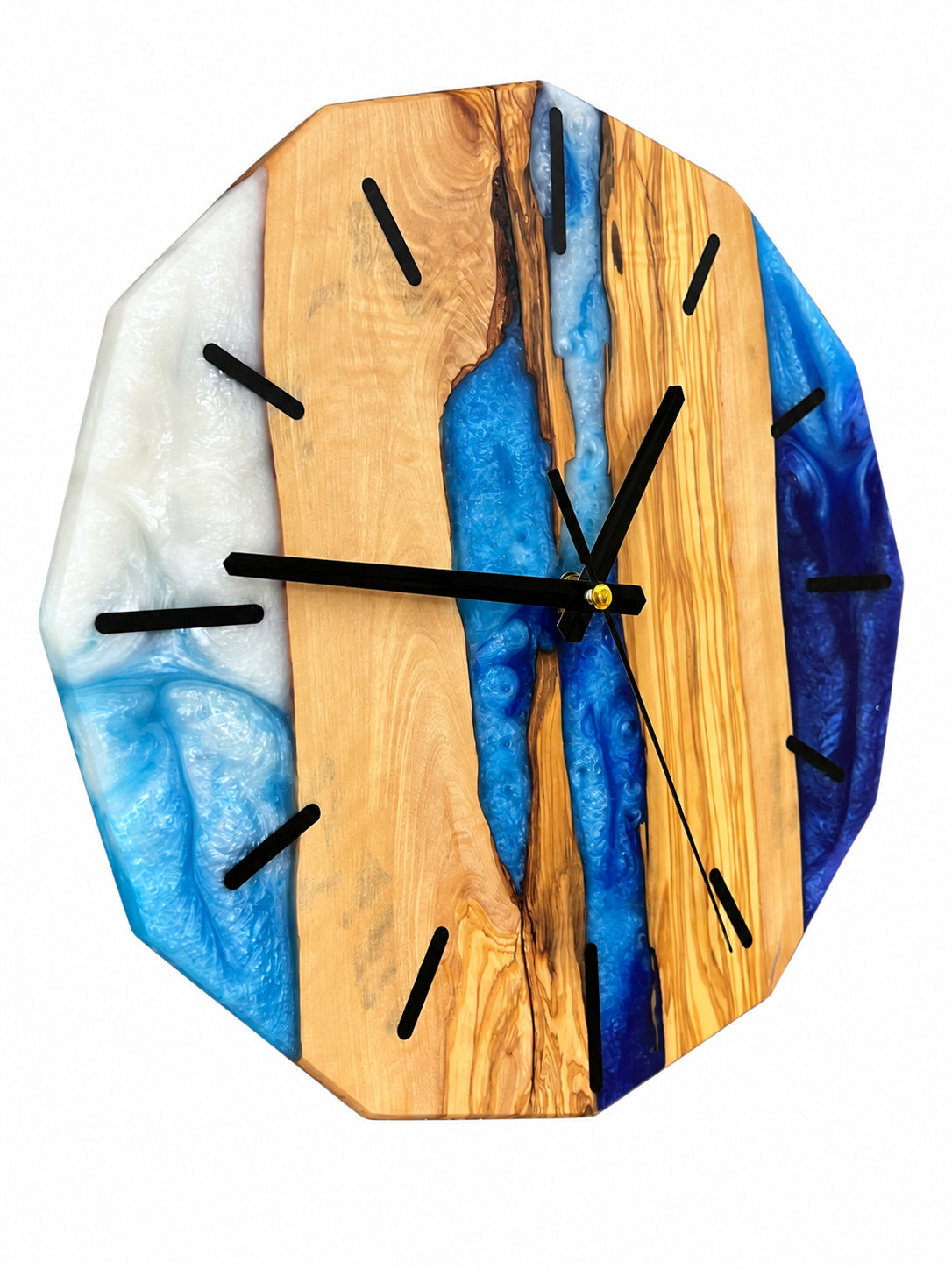 Azure Divide Olive Wood & Resin Wall Clock — handcrafted clock, product view 3