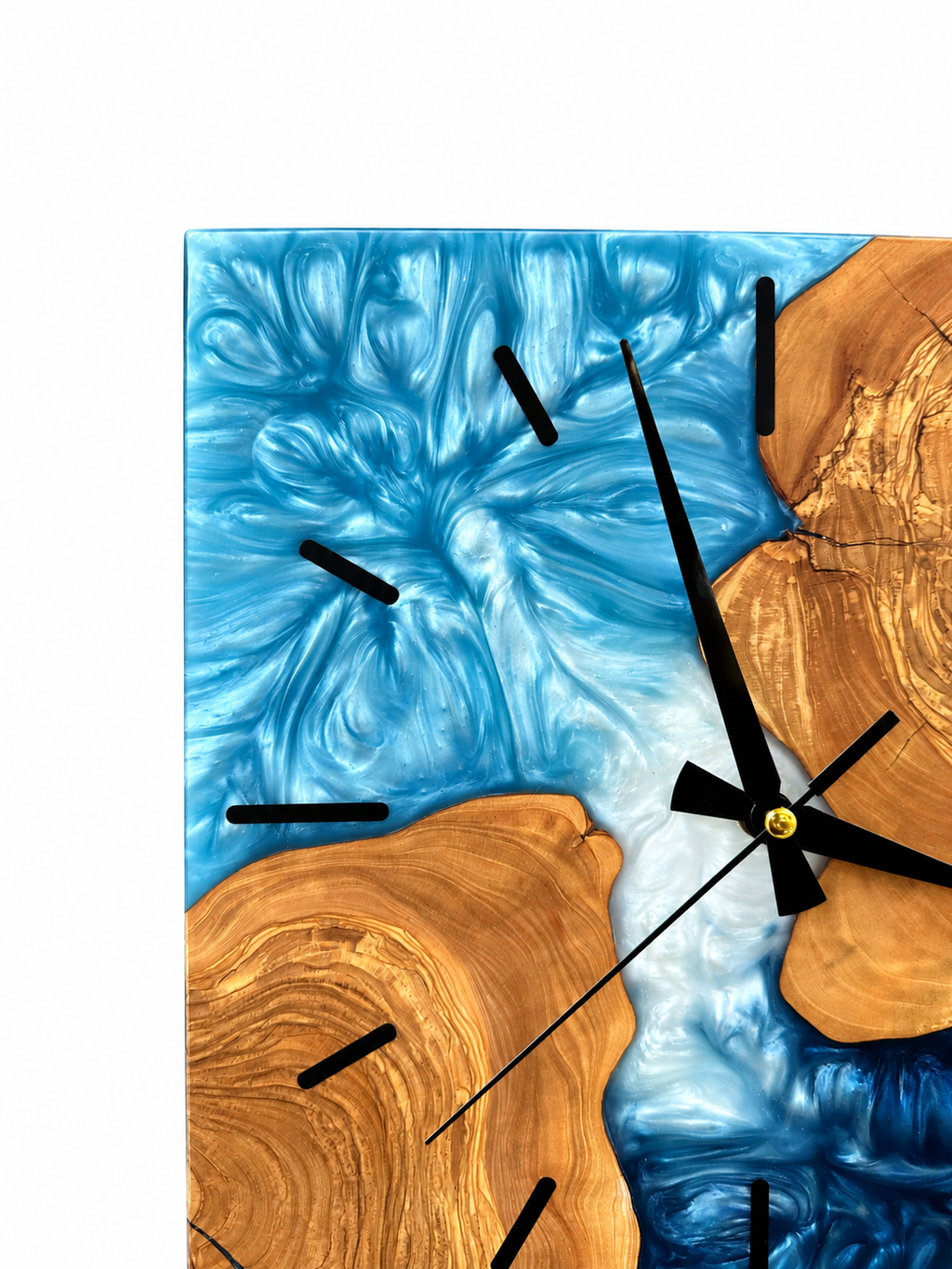 Square Blue Islands Olive Wood & Resin Wall Clock — product photograph, view 4