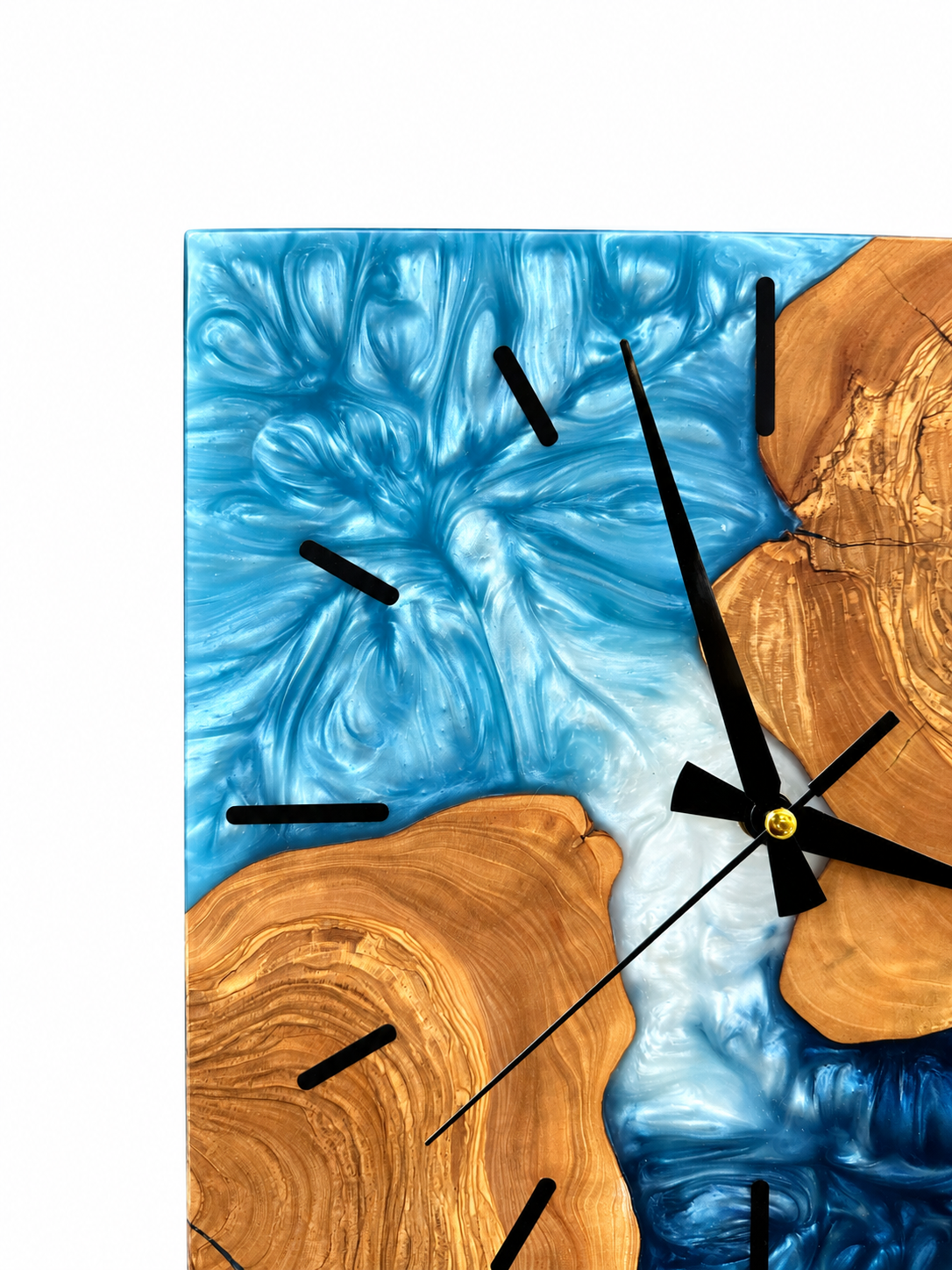 Square Blue Islands Olive Wood & Resin Wall Clock — product photograph, view 4