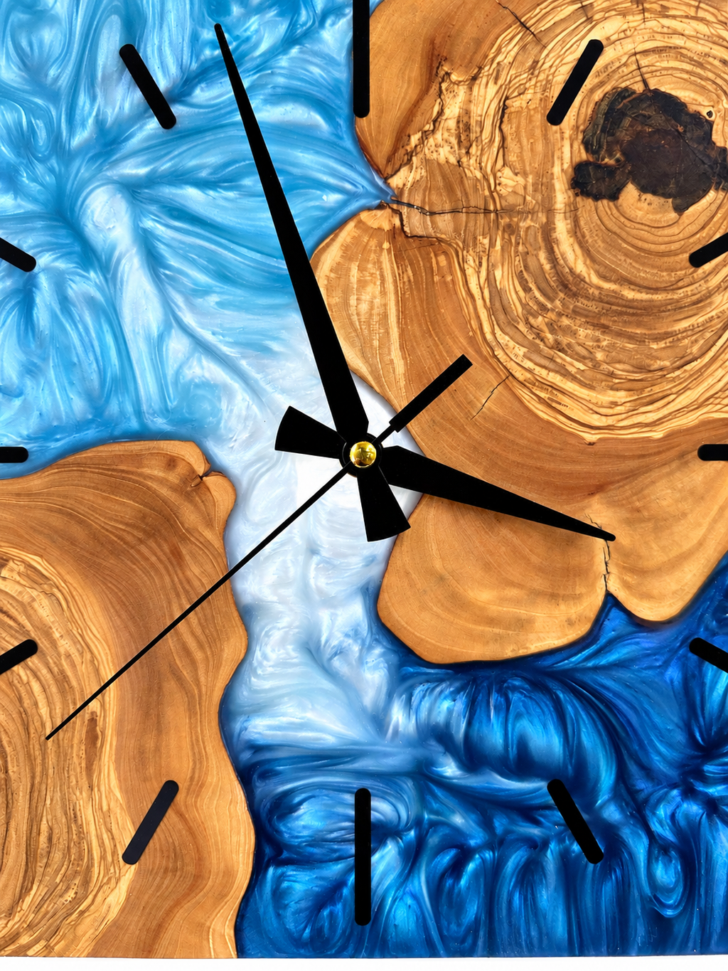 Square Blue Islands Olive Wood & Resin Wall Clock — product photograph, view 10