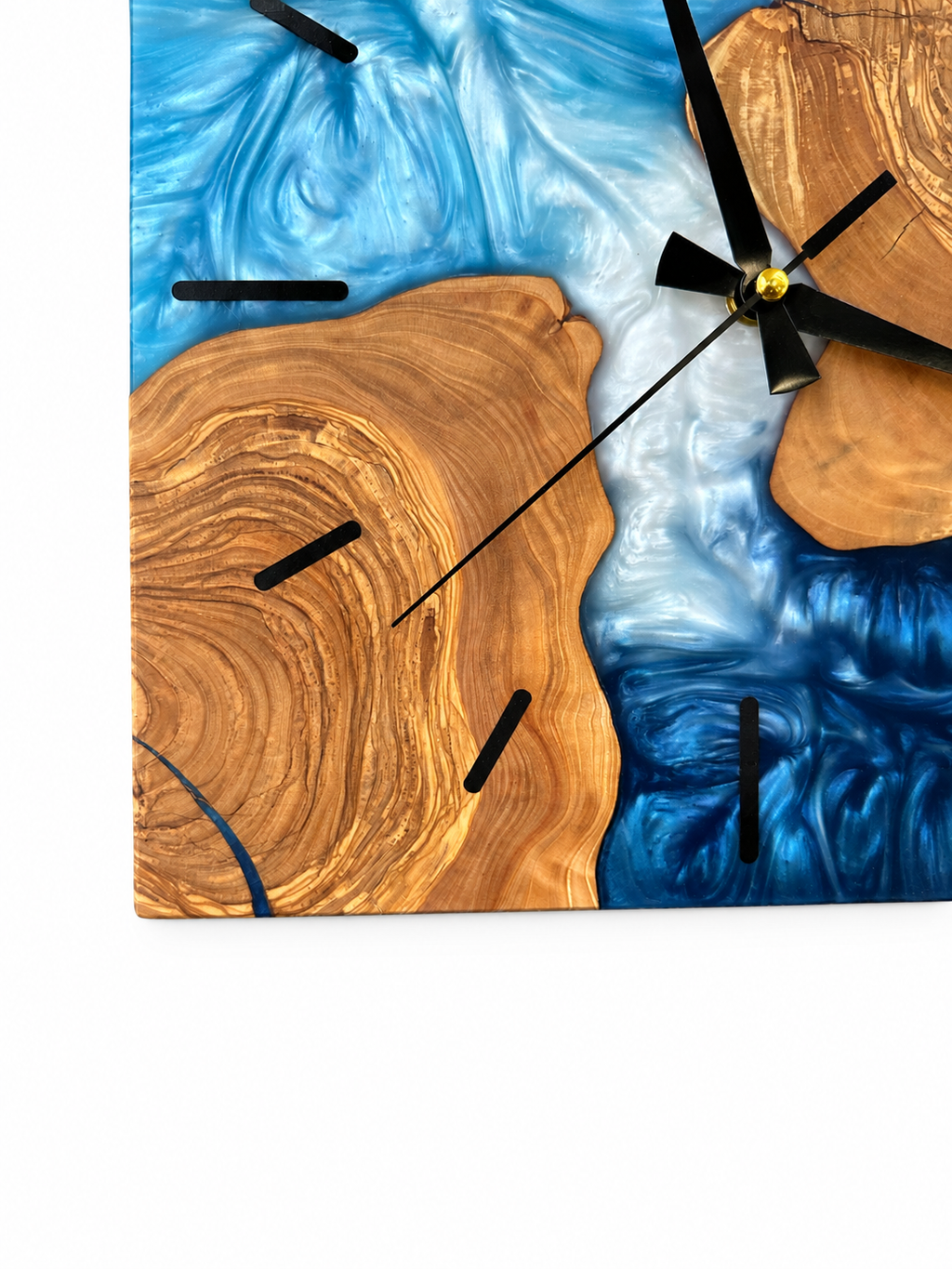 Square Blue Islands Olive Wood & Resin Wall Clock — product photograph, view 8
