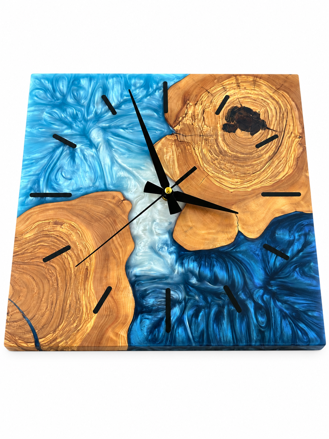 Square Blue Islands Olive Wood & Resin Wall Clock — product photograph, view 2