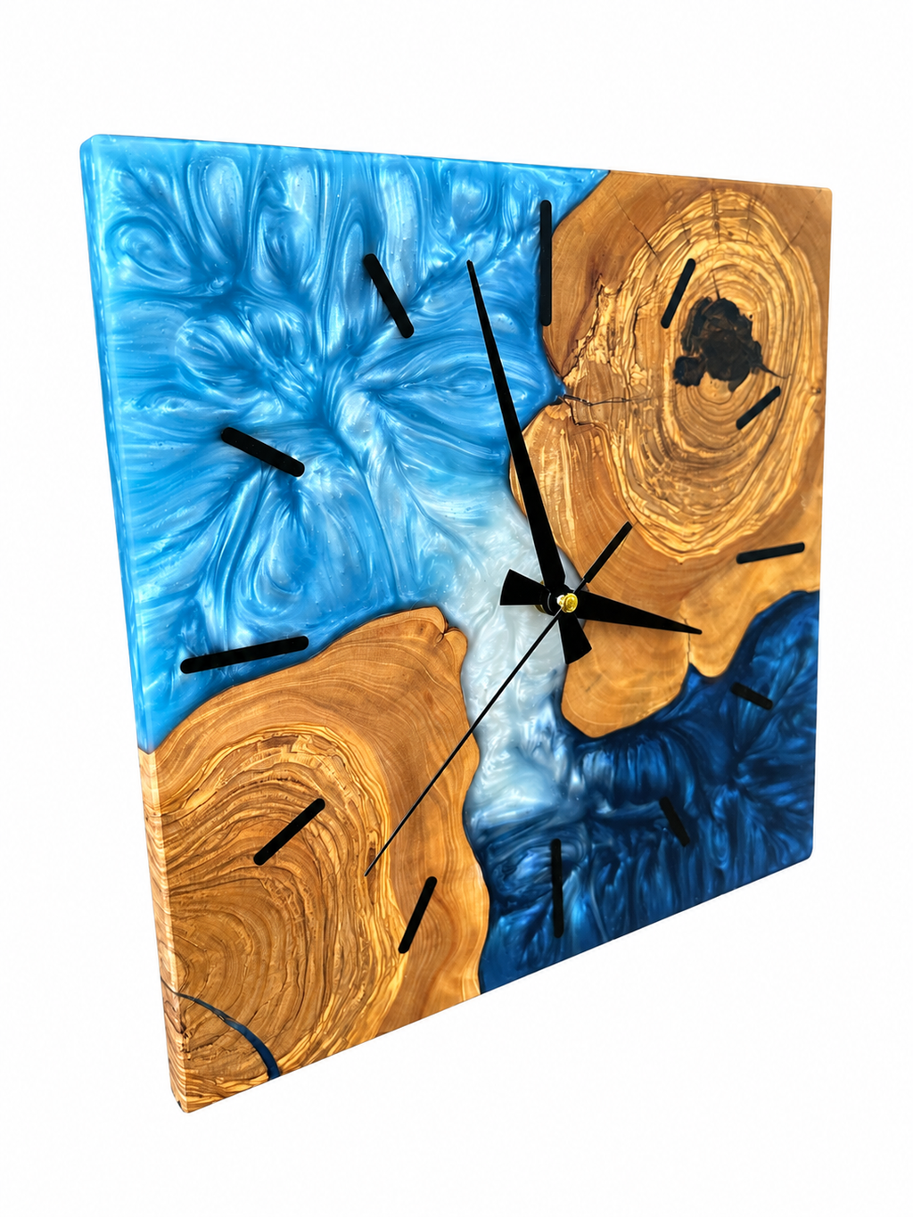 Square Blue Islands Olive Wood & Resin Wall Clock — product photograph, view 6