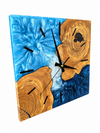 Square Blue Islands Olive Wood & Resin Wall Clock — product photograph, view 6