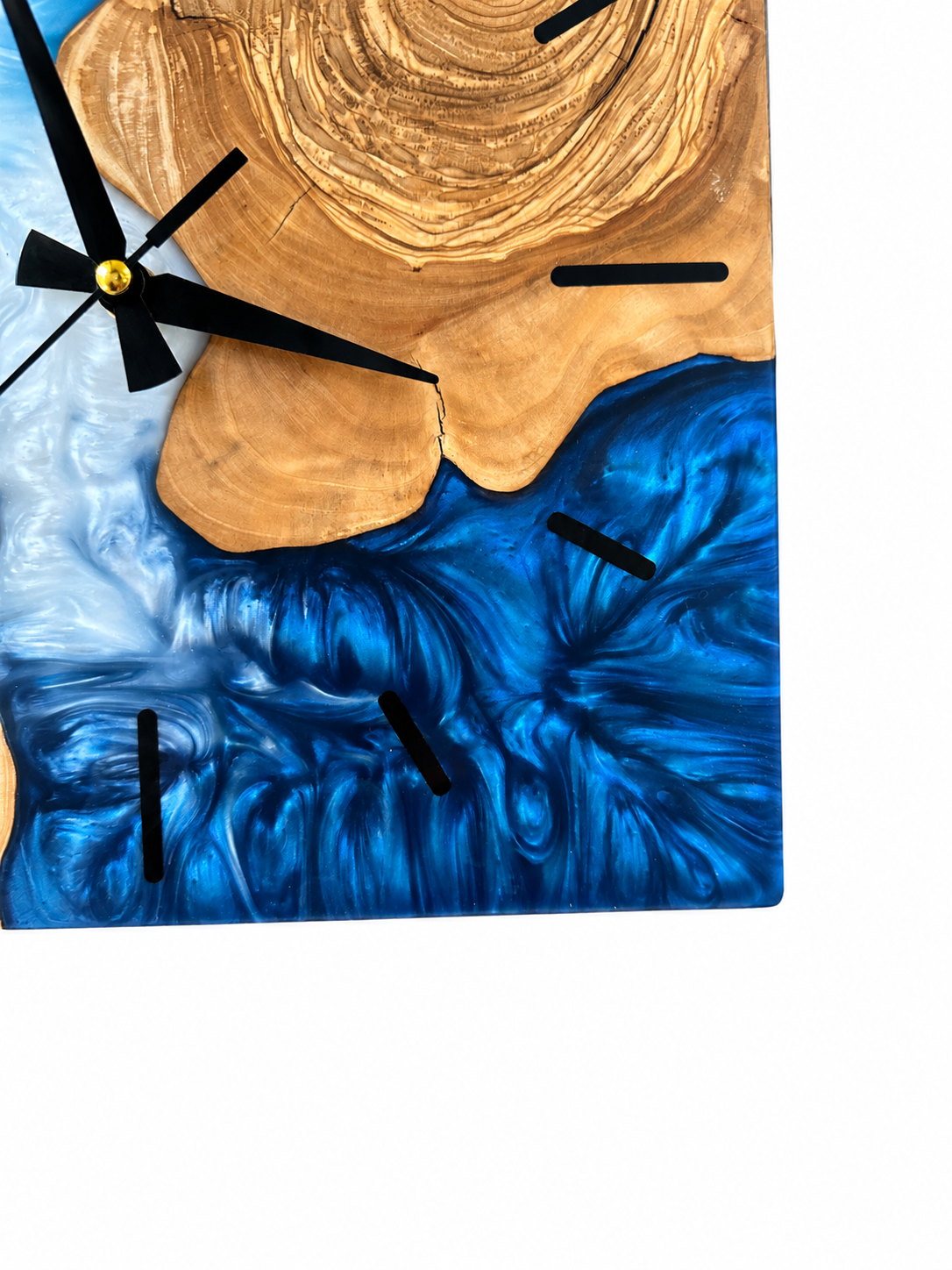 Square Blue Islands Olive Wood & Resin Wall Clock — product photograph, view 9