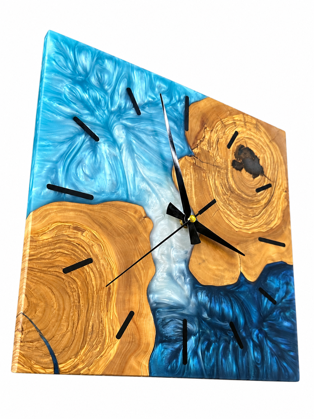 Square Blue Islands Olive Wood & Resin Wall Clock — product photograph, view 3