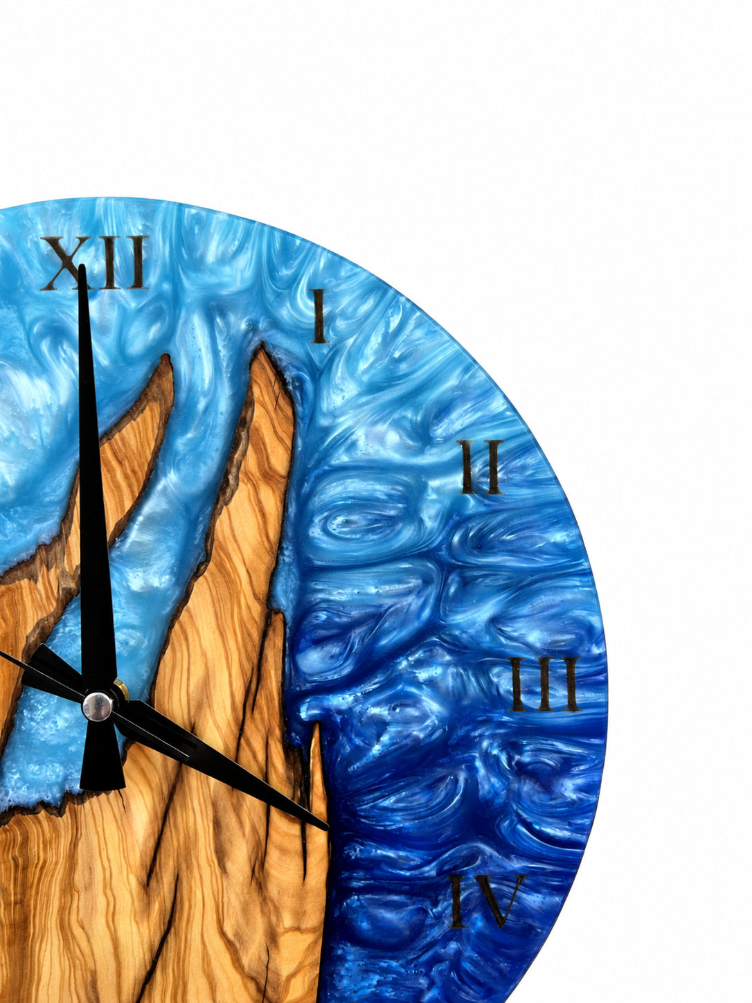 Roman Blue Flame Olive Wood & Resin Wall Clock — product photograph, view 3