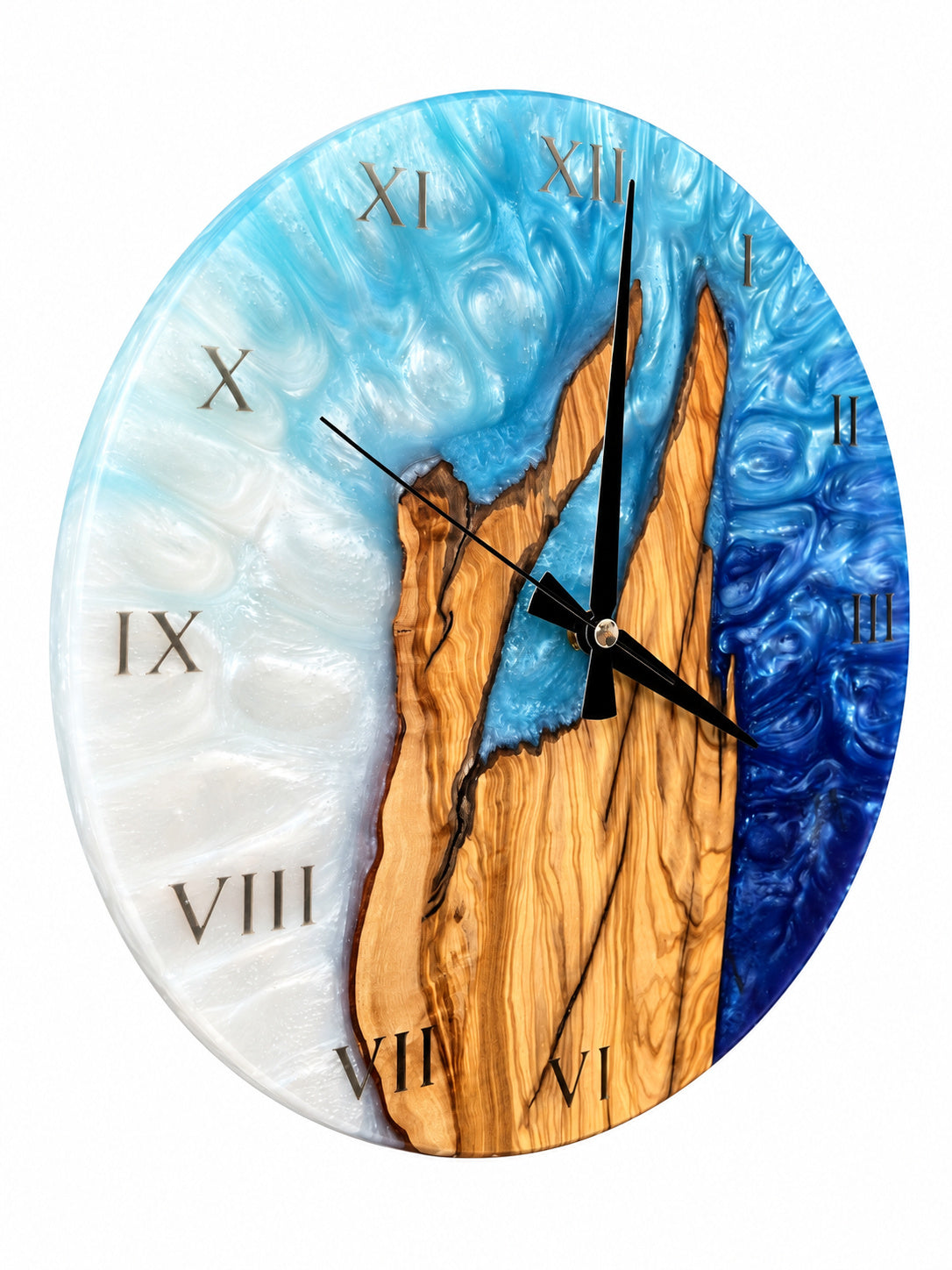 Roman Blue Flame Olive Wood & Resin Wall Clock — product photograph, view 4